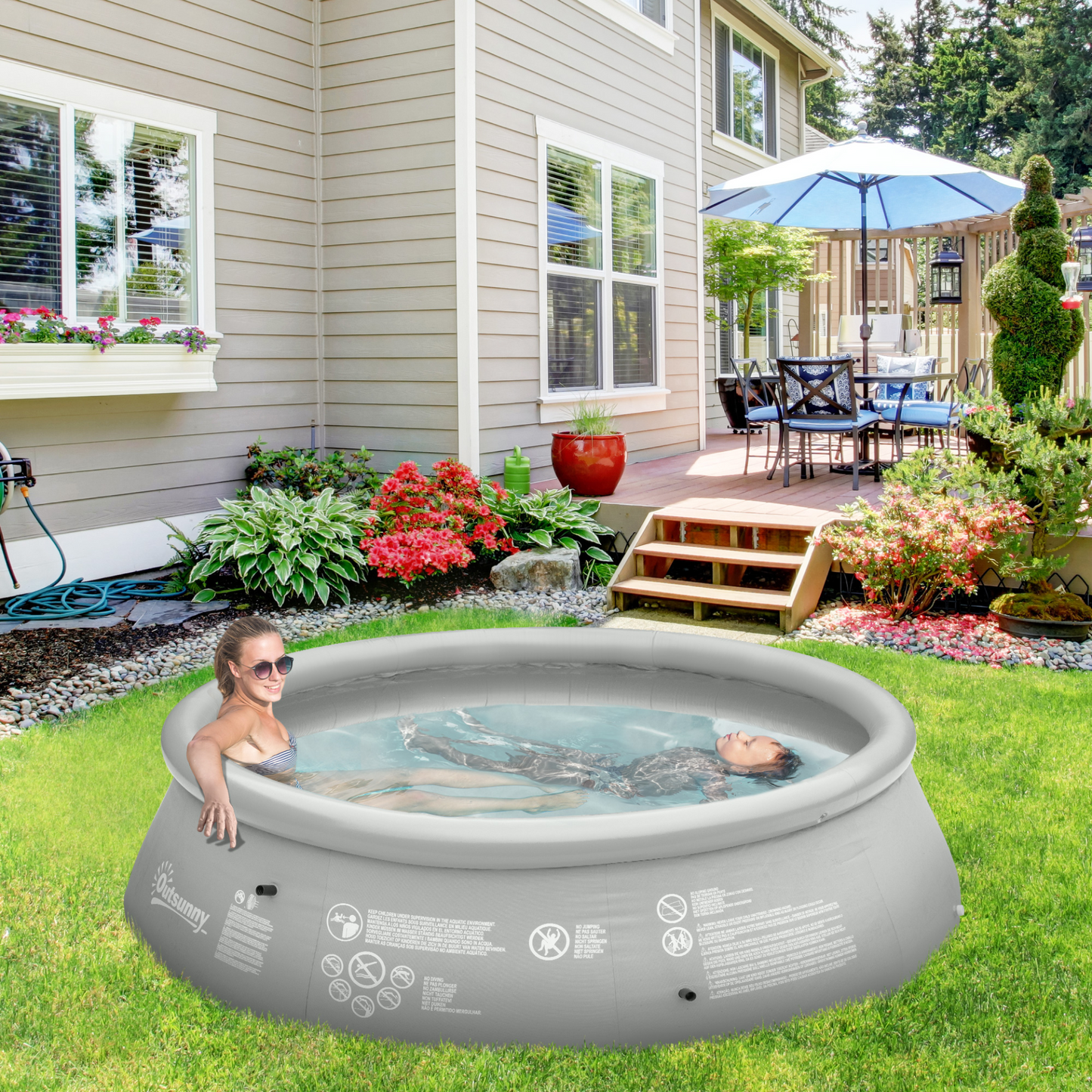 Outsunny 274cm x 76cm Inflatable Swimming Pool - Family-Sized Blow Up Pool with Hand Pump for Kids & Adults, Outdoor, Garden, Backyard, Grey MyLibelula