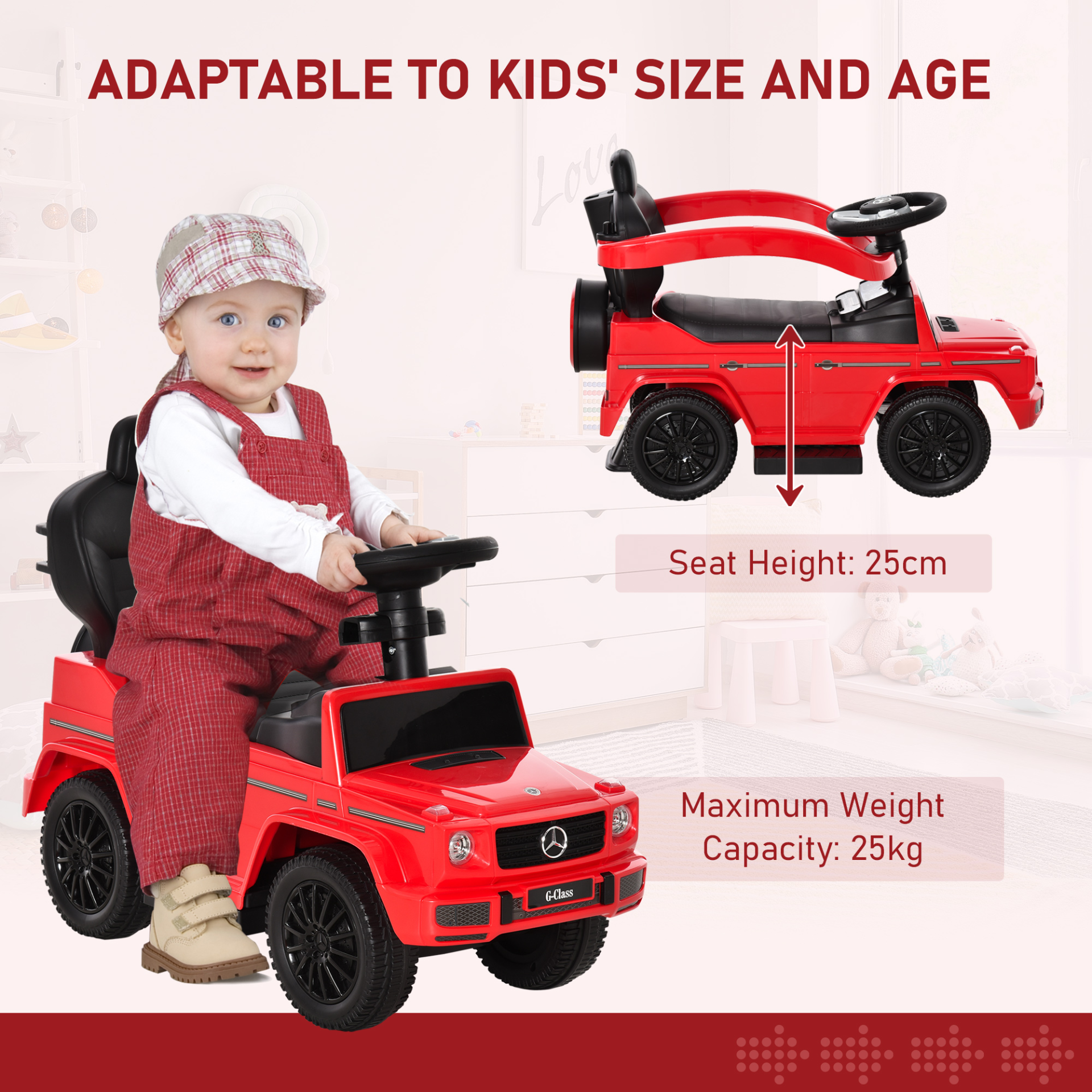 HOMCOM 3 in 1 Kids Ride on Push Car - Licensed Mercedes Benz G350 Walker, Red MyLibelula