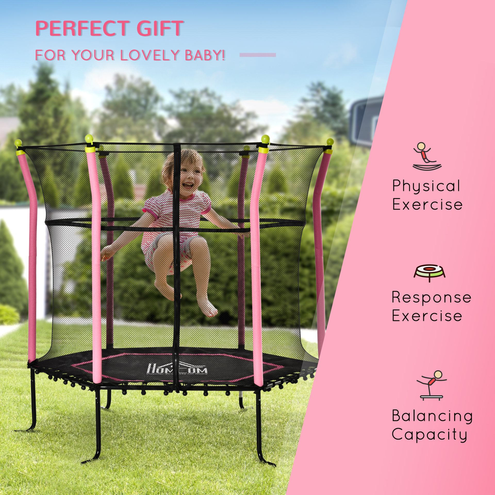 HOMCOM 5.2FT Kids Trampoline With Enclosure Net - Mini Indoor Outdoor Trampoline for Toddlers Age 3-10, Pink MyLibelula