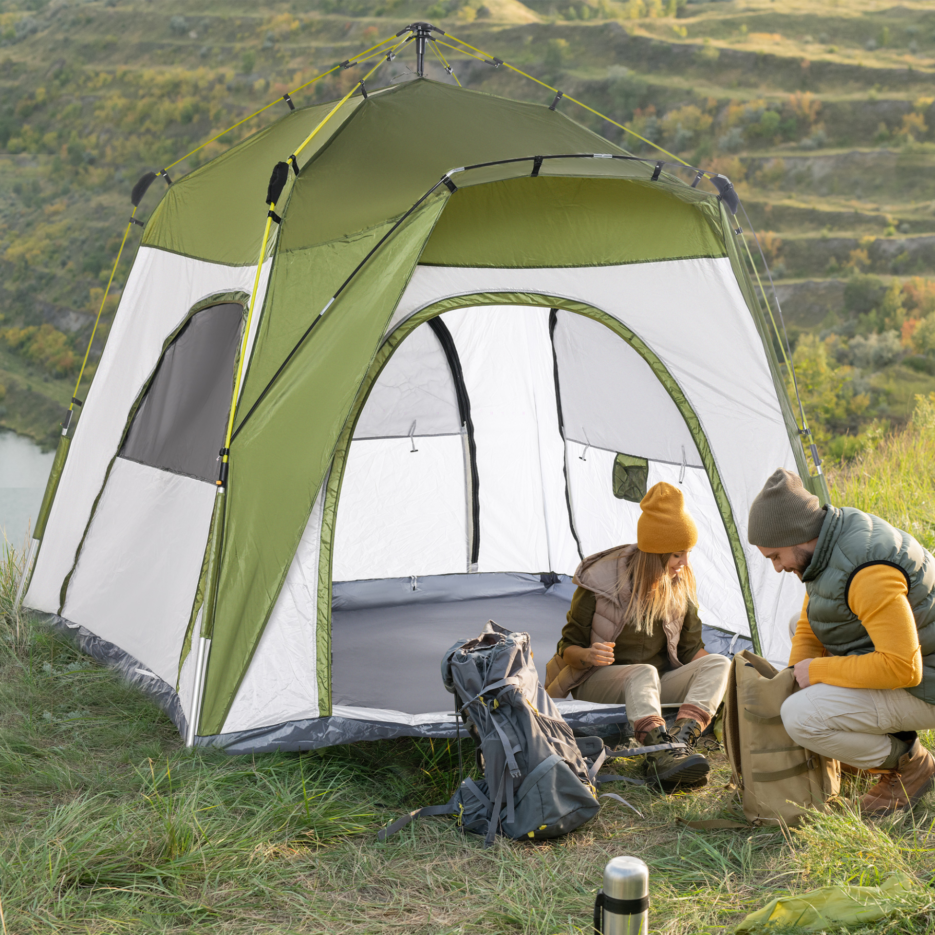 Outsunny 4 Person Pop Up Camping Tent - Portable, Weather-Resistant Dome Shelter, Green MyLibelula