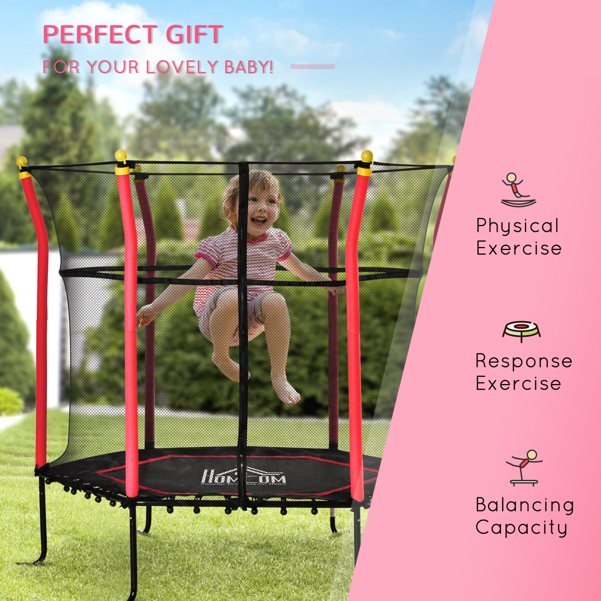 HOMCOM 63 Inch Kids Trampoline with Enclosure Net - Indoor & Outdoor Mini Trampoline for Ages 3-10, Red MyLibelula