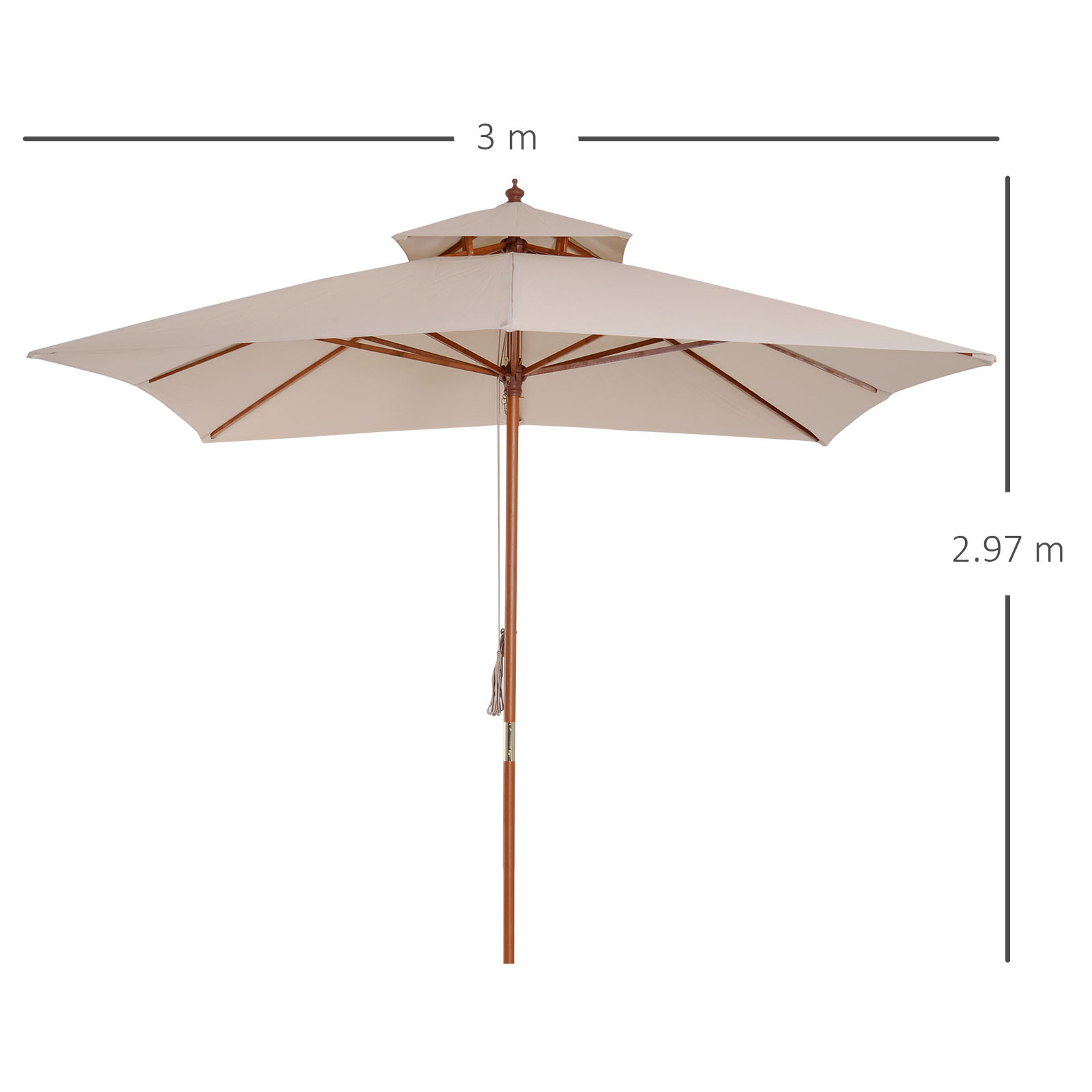 Outsunny 3 x 3 Meter Patio Parasol Garden Umbrella, Double Tier Wooden Canopy, Beige - Base Not Included MyLibelula