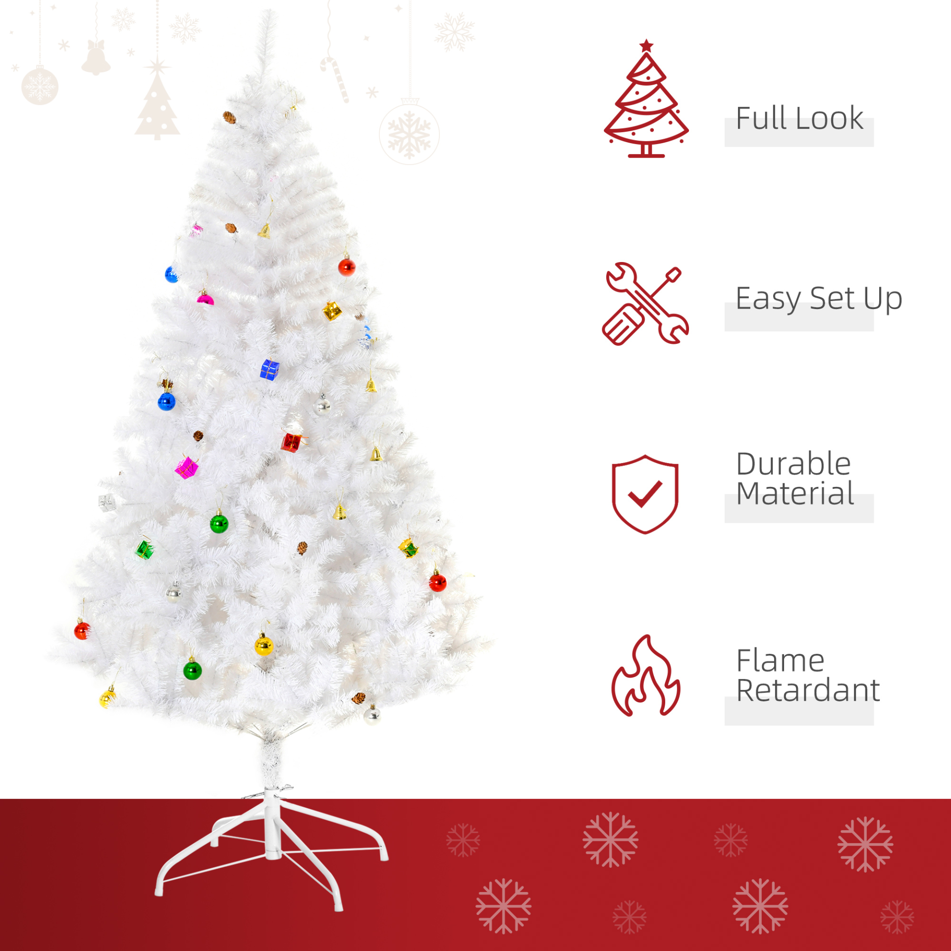 HOMCOM 6ft Artificial Snowy Christmas Tree with Decorations and Sturdy Metal Stand - Elegant Faux White MyLibelula