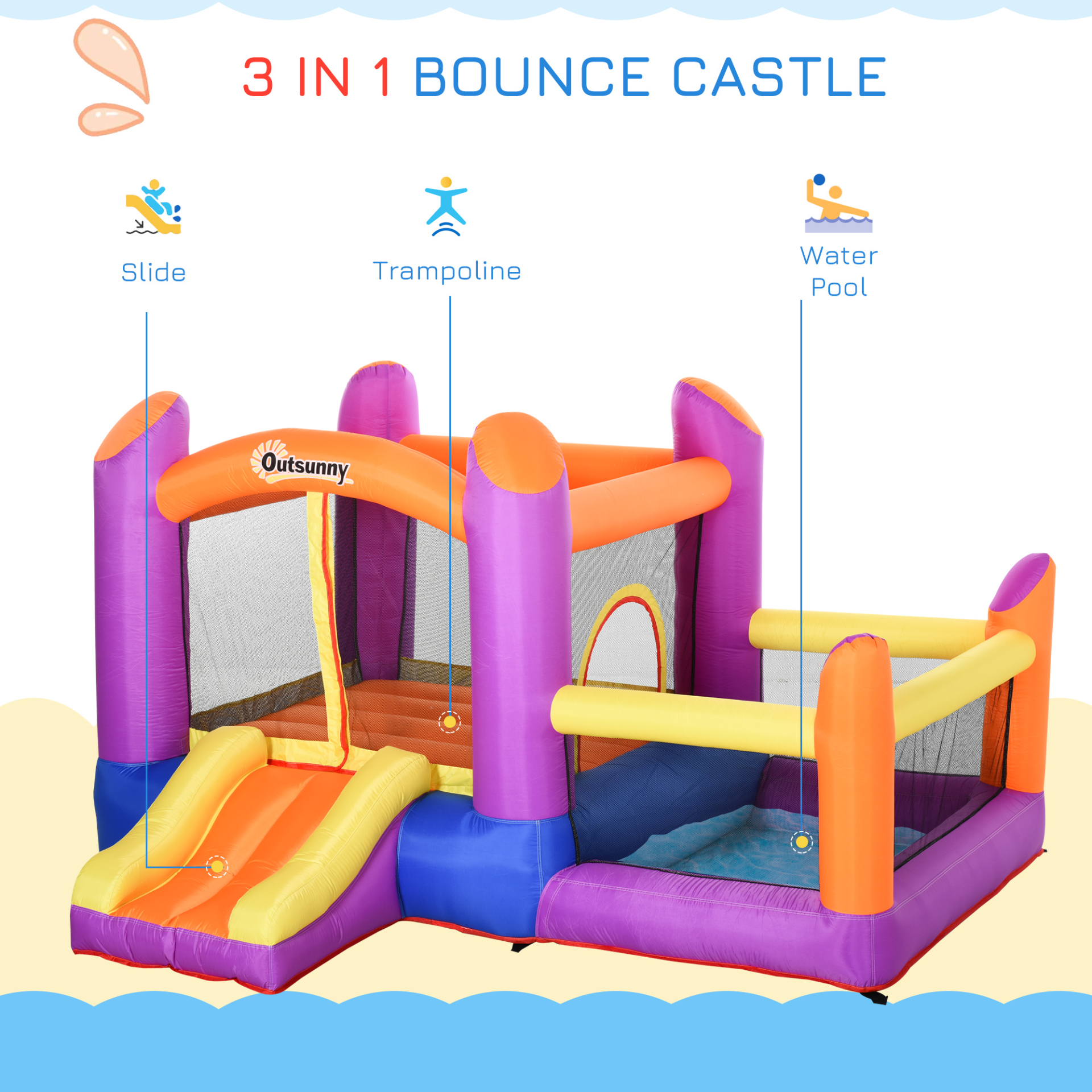 Outsunny Kids Bounce Castle House Inflatable Trampoline Slide Water Pool 3-in-1 with Blower for Kids Age 3-8 | Multi-color | 2.8 x 2.5 x 1.7m MyLibelula