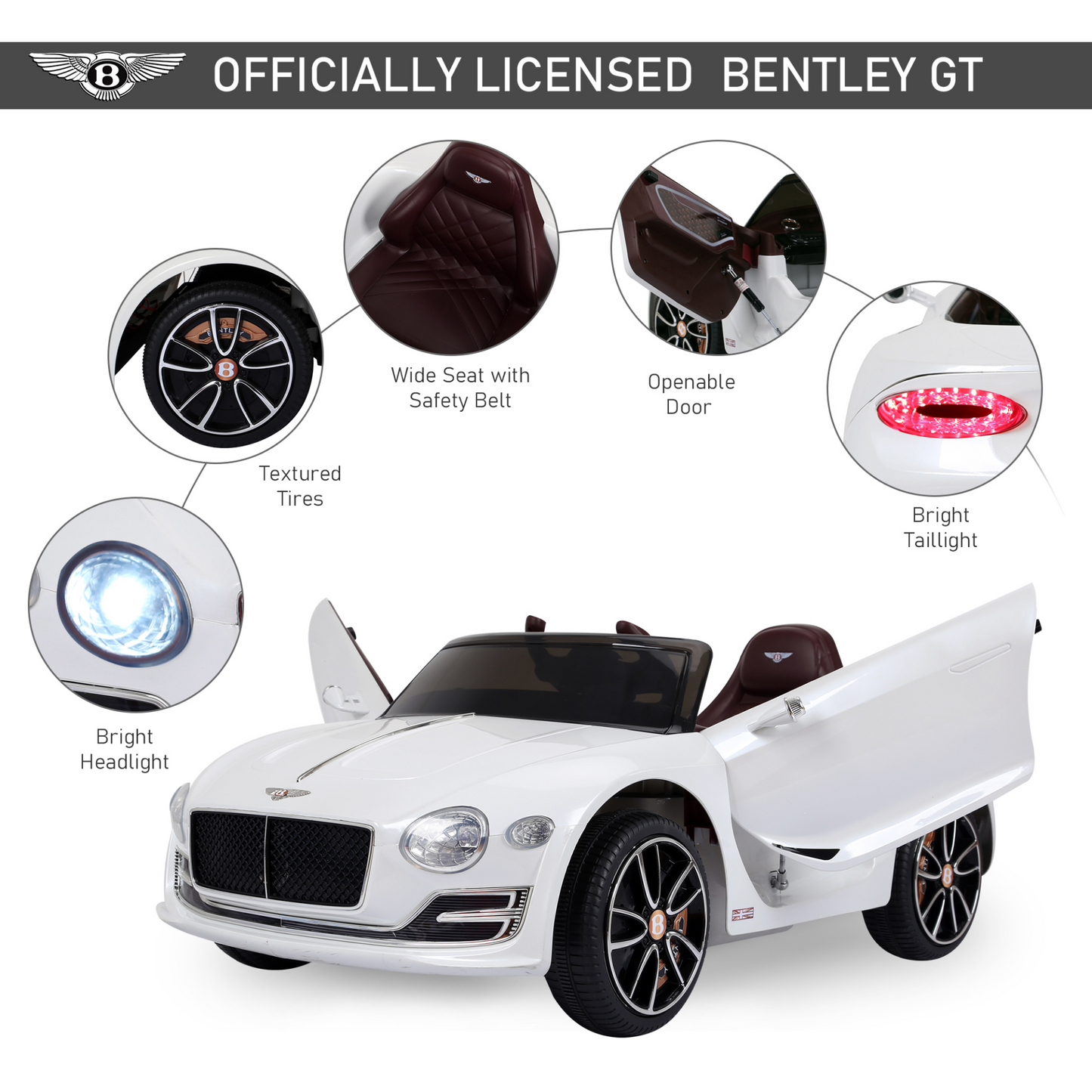 HOMCOM 12V Kids Electric Ride-on Car Bentley GT – Twin Motors, LED Lights, Music, Parental Remote – White MyLibelula