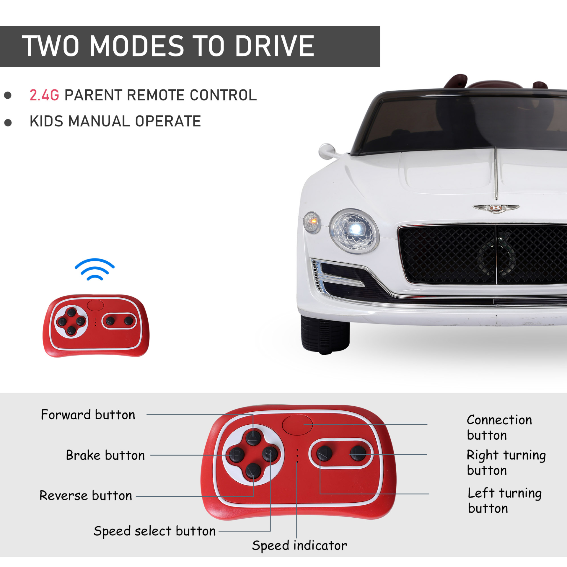 HOMCOM 12V Kids Electric Ride-on Car Bentley GT – Twin Motors, LED Lights, Music, Parental Remote – White MyLibelula