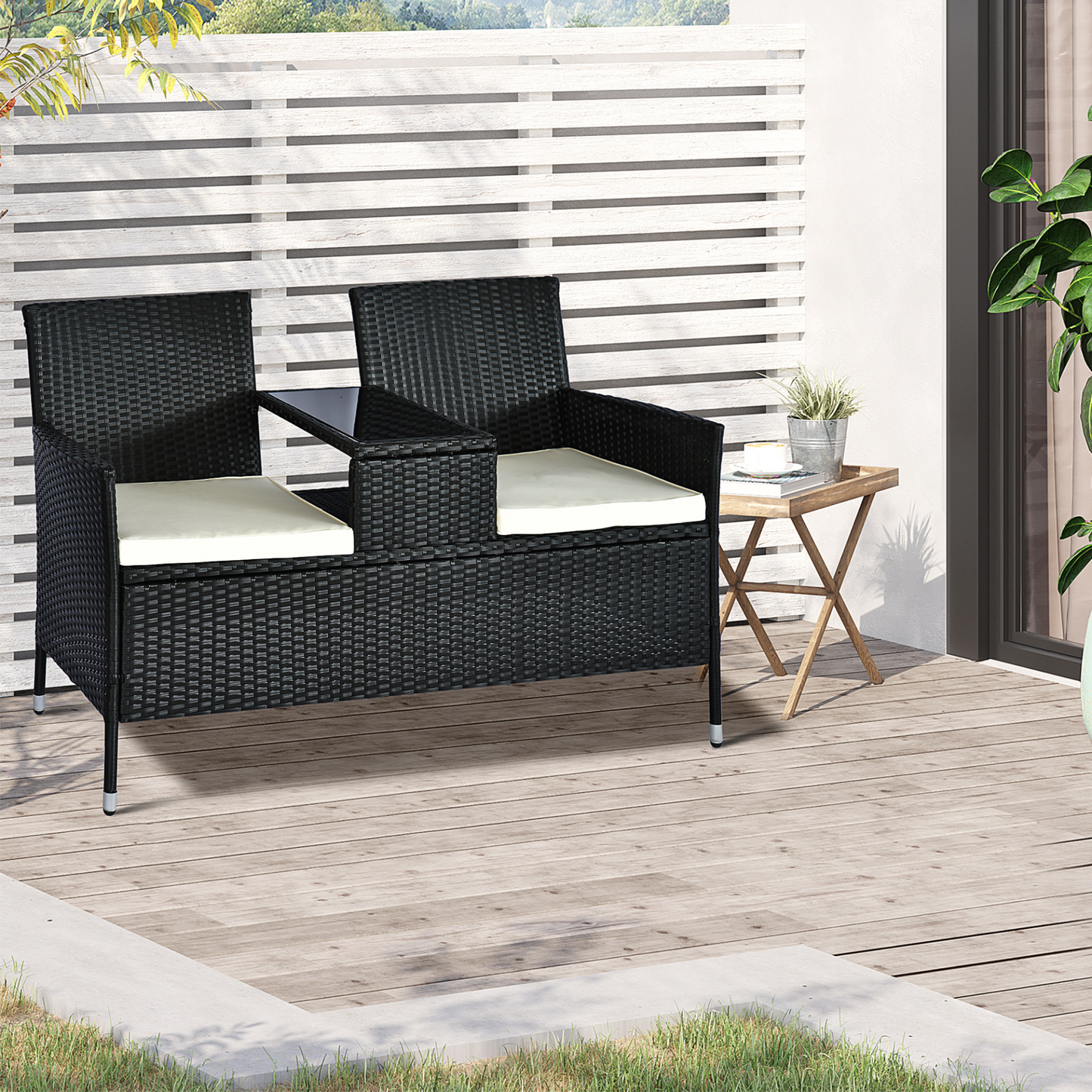 Outsunny 2 Seater Rattan Companion Chair with Drink Table - Stylish Black Wicker Loveseat for Outdoor Patio & Garden MyLibelula