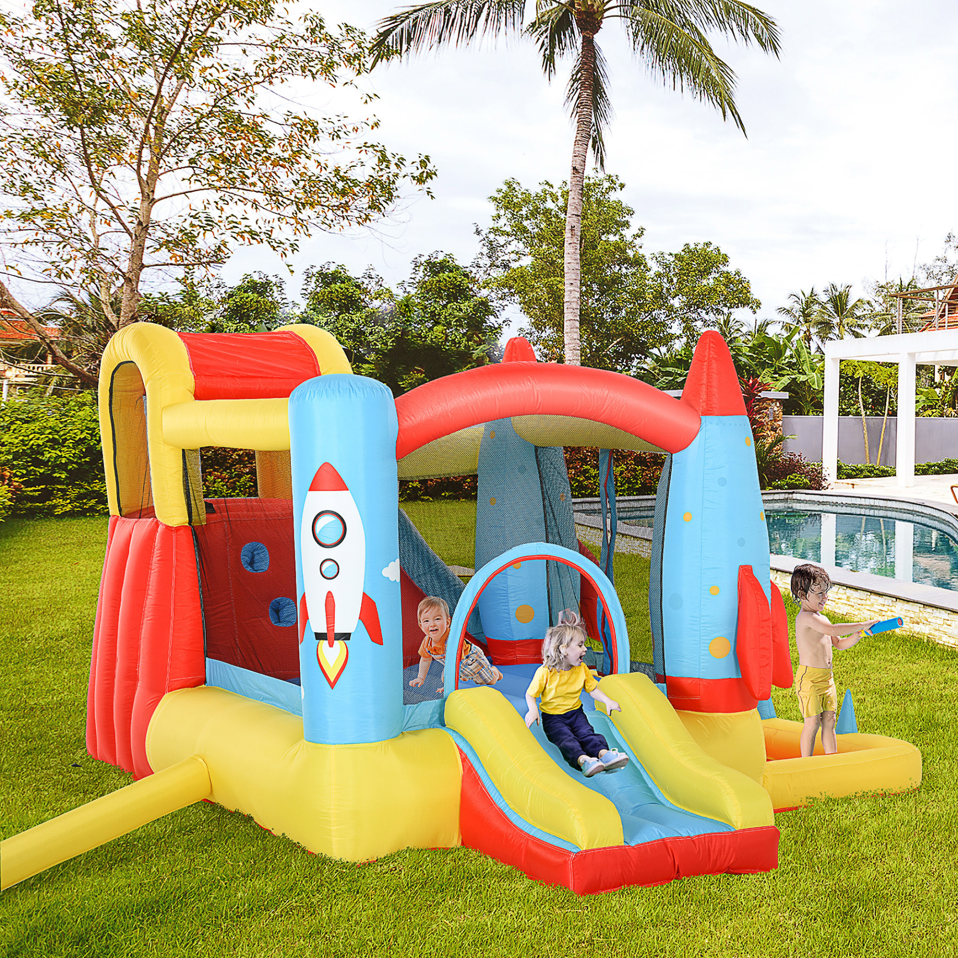 Outsunny Kids Bounce Castle House | 3-in-1 Inflatable Trampoline, Slide & Water Pool | Rocket Design MyLibelula