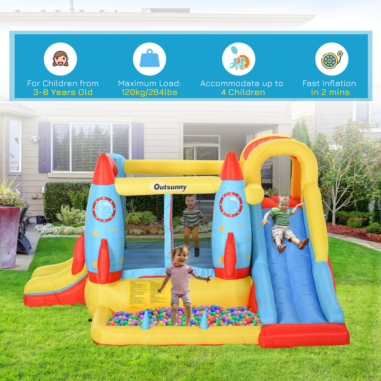 Outsunny Kids Bounce Castle House | 3-in-1 Inflatable Trampoline, Slide & Water Pool | Rocket Design MyLibelula