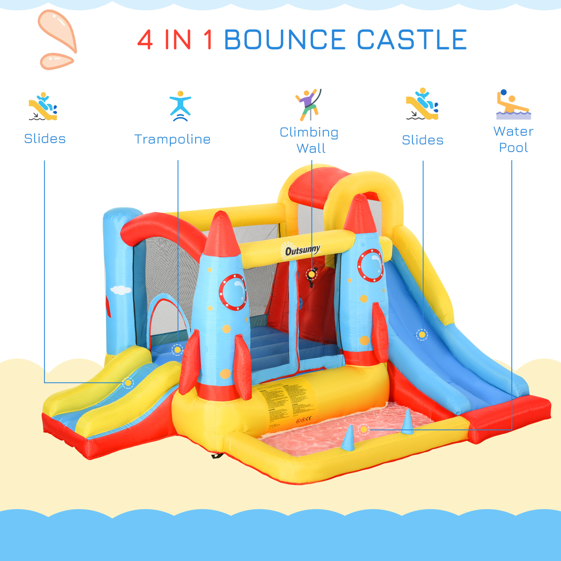 Outsunny Kids Bounce Castle House | 3-in-1 Inflatable Trampoline, Slide & Water Pool | Rocket Design MyLibelula