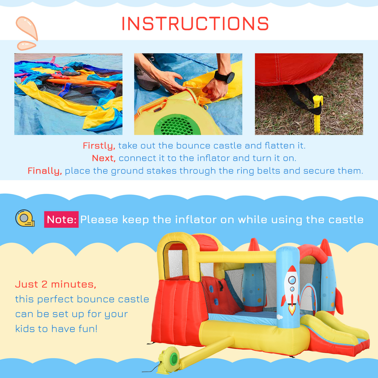 Outsunny Kids Bounce Castle House | 3-in-1 Inflatable Trampoline, Slide & Water Pool | Rocket Design MyLibelula