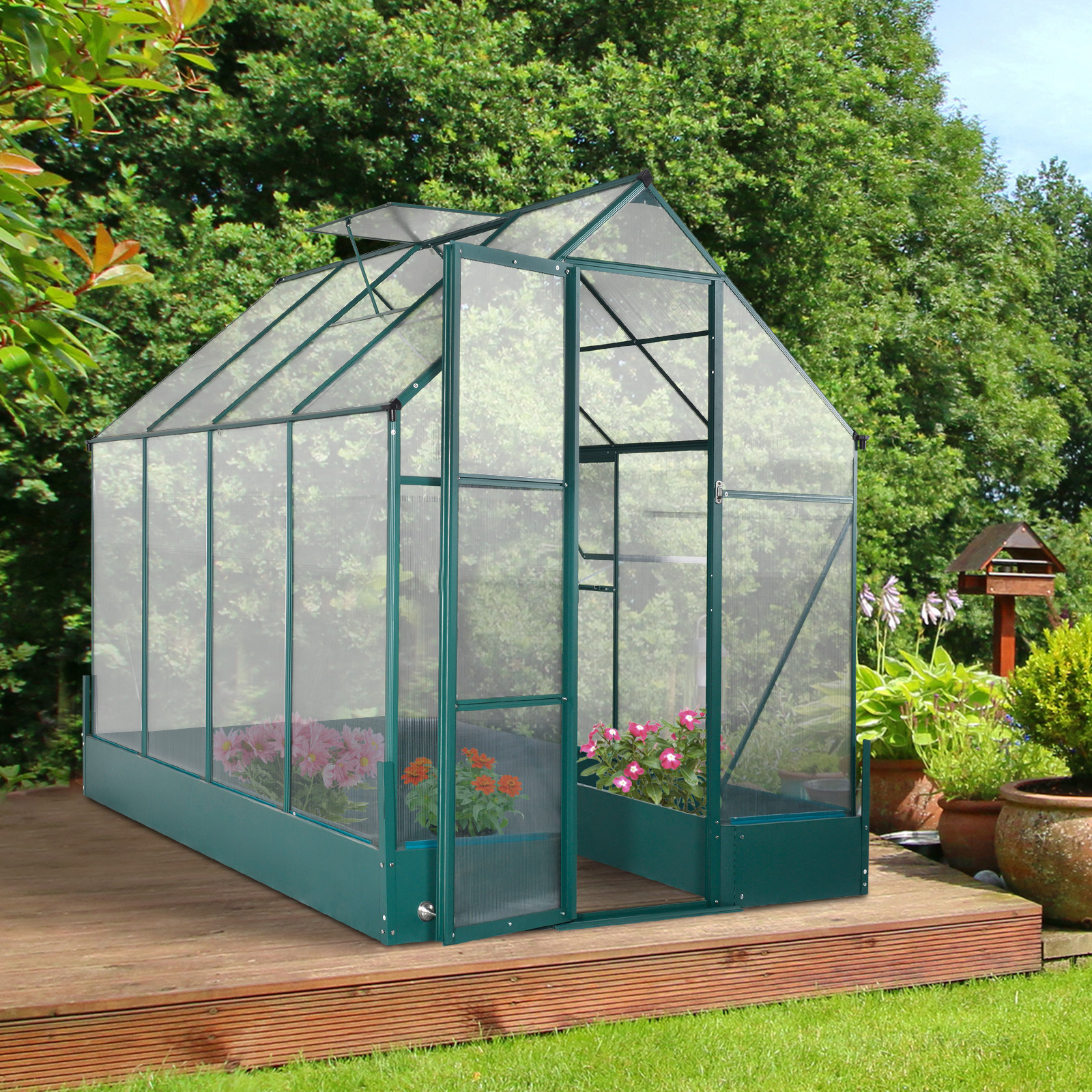 Outsunny Garden Walk-in Aluminium Greenhouse Polycarbonate with Plant Bed ,Temperature Controlled Window, Foundation, 6 x 8ft MyLibelula