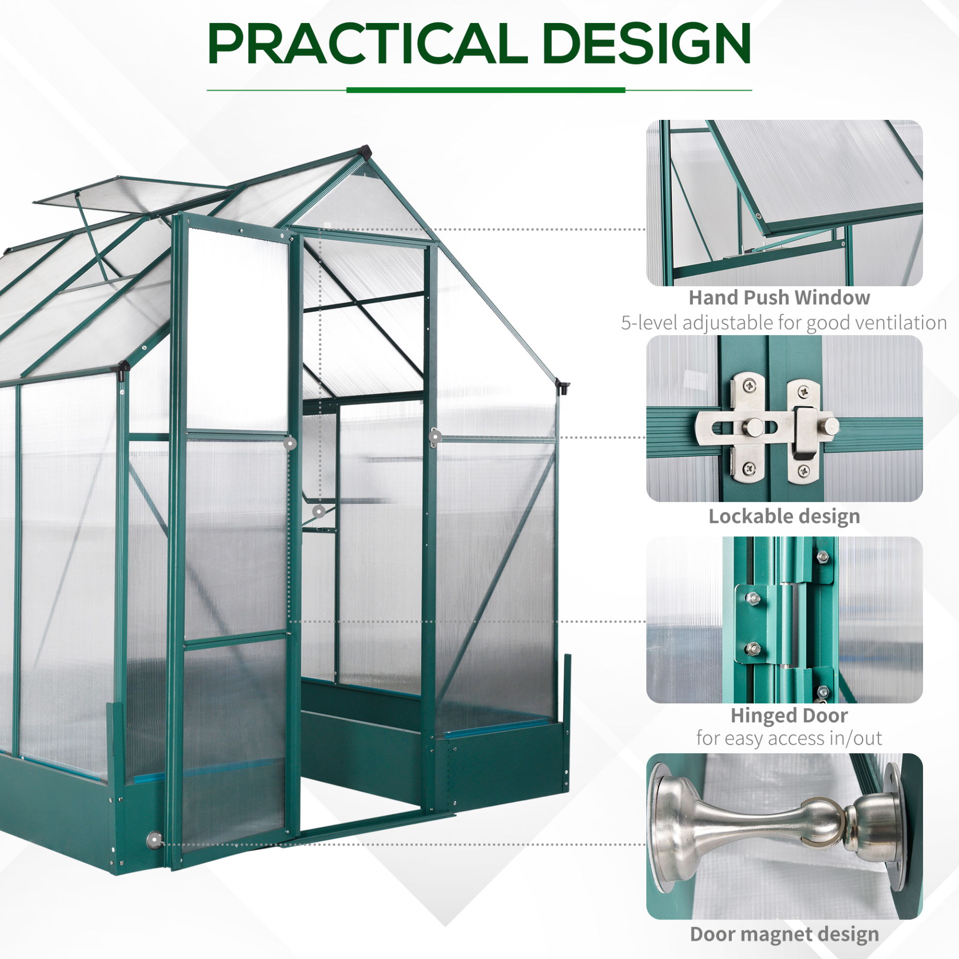 Outsunny Garden Walk-in Aluminium Greenhouse Polycarbonate with Plant Bed ,Temperature Controlled Window, Foundation, 6 x 8ft MyLibelula