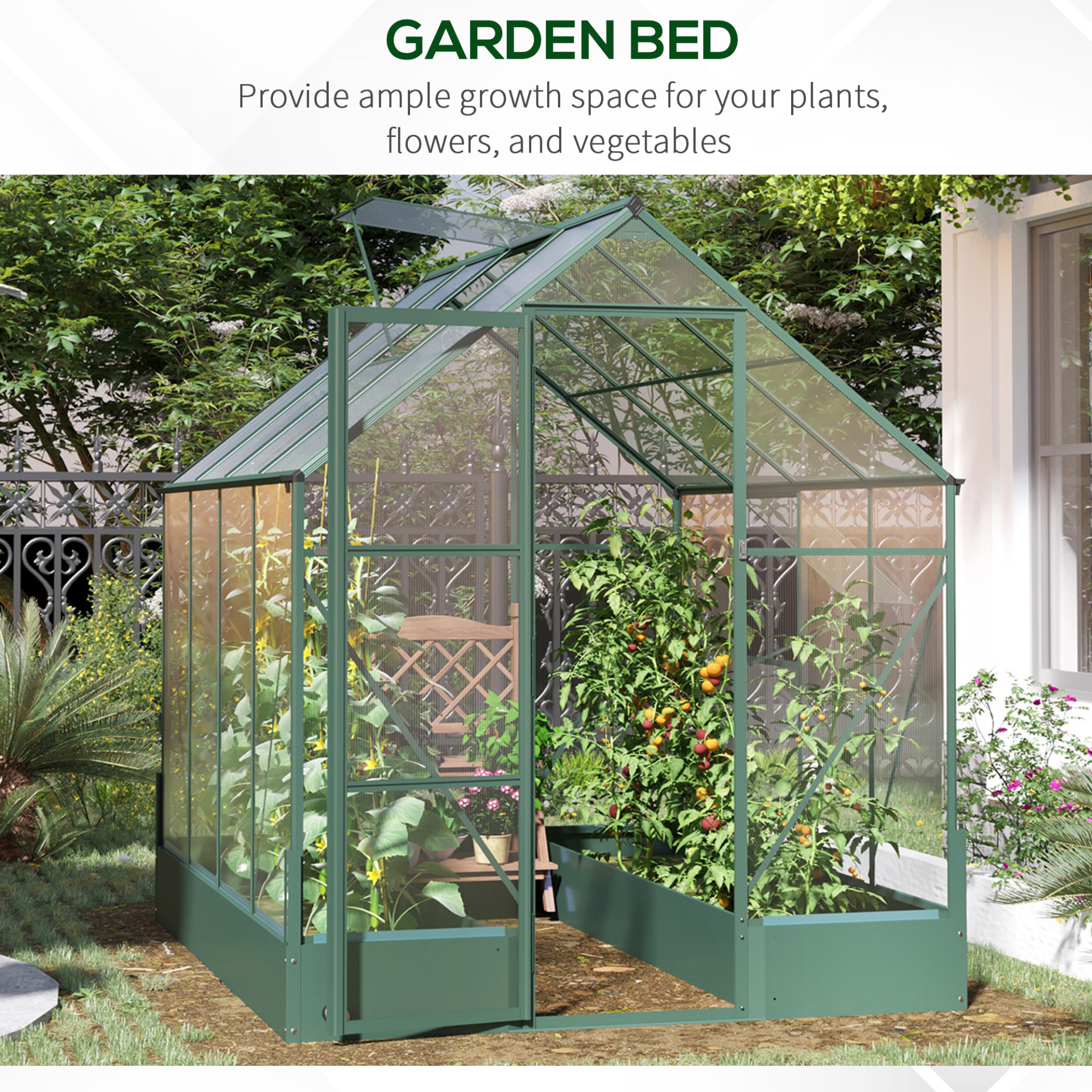 Outsunny Garden Walk-in Aluminium Greenhouse Polycarbonate with Plant Bed ,Temperature Controlled Window, Foundation, 6 x 8ft MyLibelula