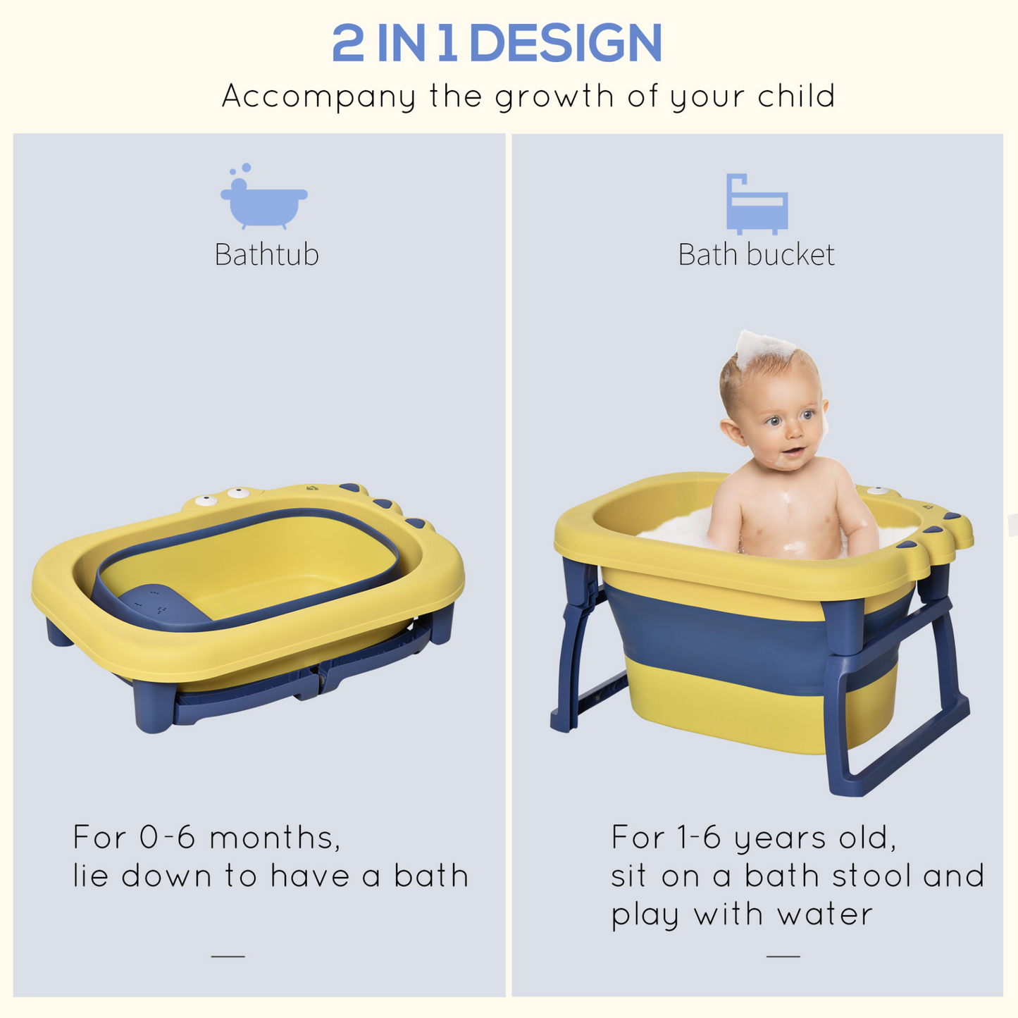 HOMCOM Collapsible Non-Slip Baby Bathtub with Stool Seat - Yellow, for Newborns to Toddlers (0-6 Years) MyLibelula