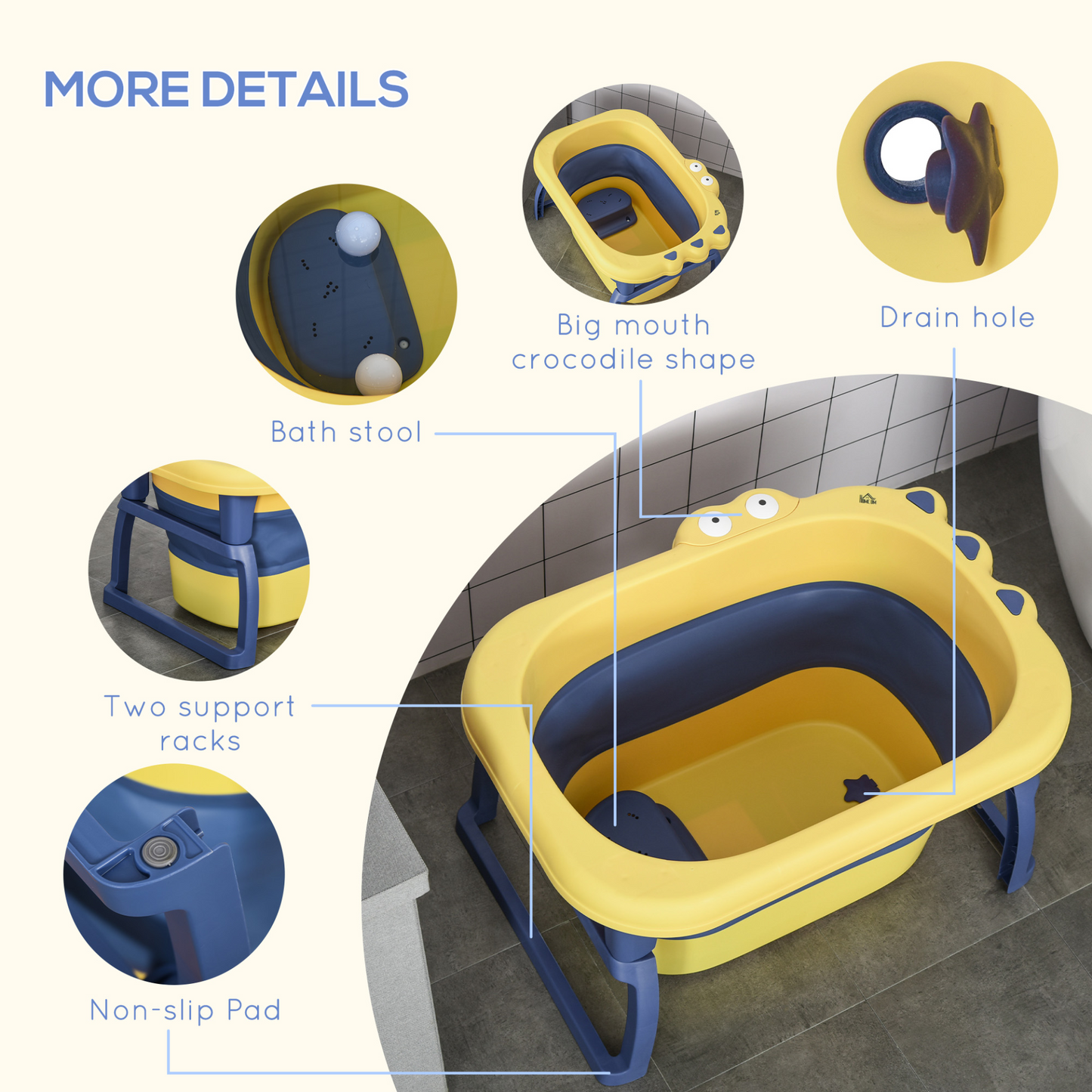 HOMCOM Collapsible Non-Slip Baby Bathtub with Stool Seat - Yellow, for Newborns to Toddlers (0-6 Years) MyLibelula