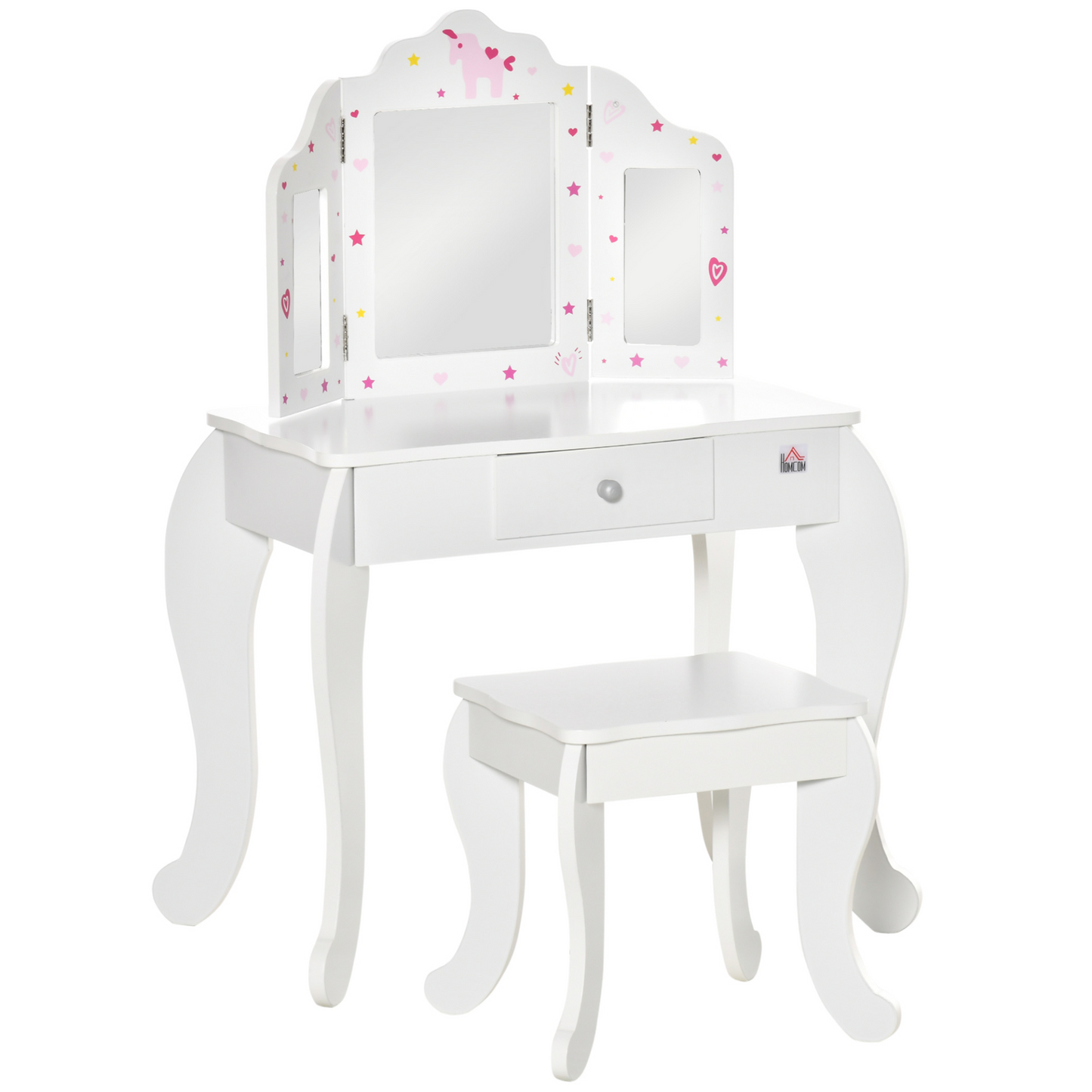 HOMCOM Kids Vanity Table & Stool Set - Girls Dressing Table with Rotatable Mirrors, Drawer, Star & Heart Patterns - White MyLibelula