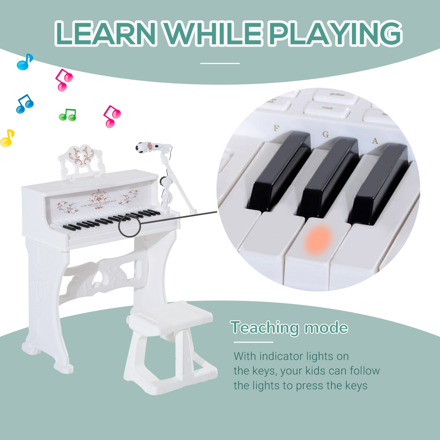 HOMCOM 37-Key Kids Piano Mini Electronic Keyboard with Lights, Stool, Microphone & Music Stand - White MyLibelula