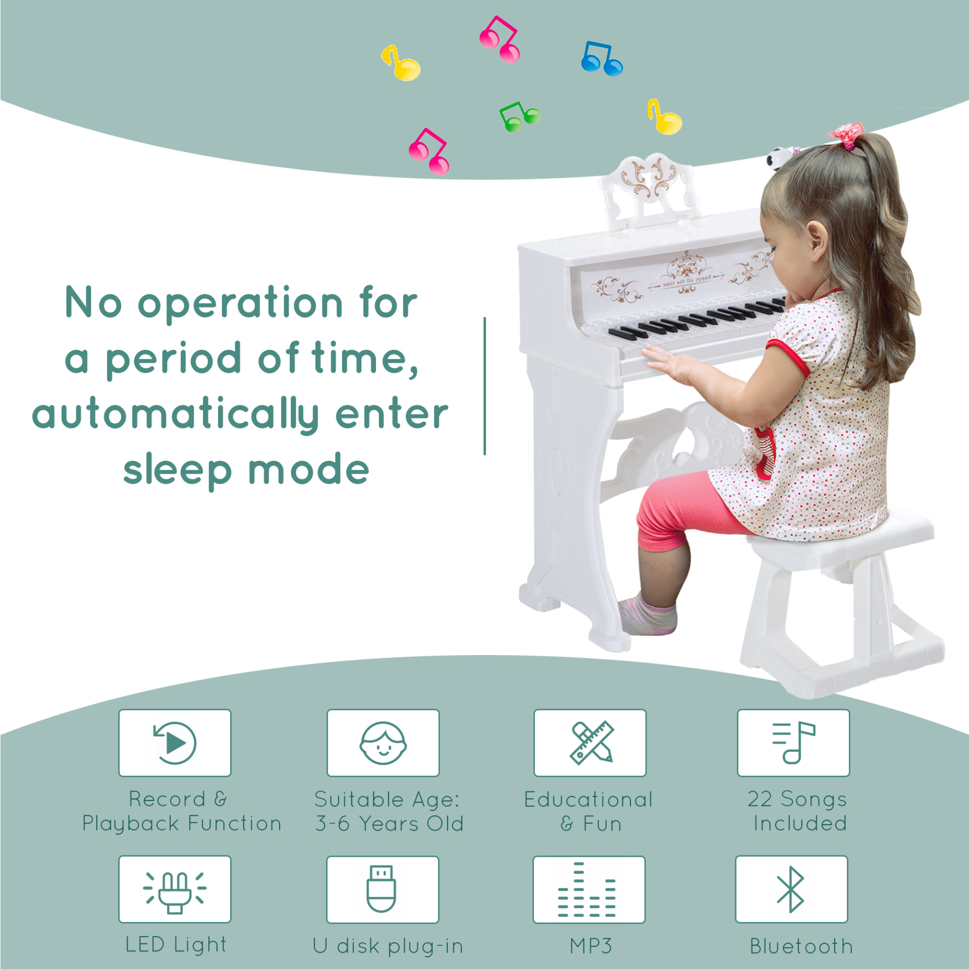 HOMCOM 37-Key Kids Piano Mini Electronic Keyboard with Lights, Stool, Microphone & Music Stand - White MyLibelula