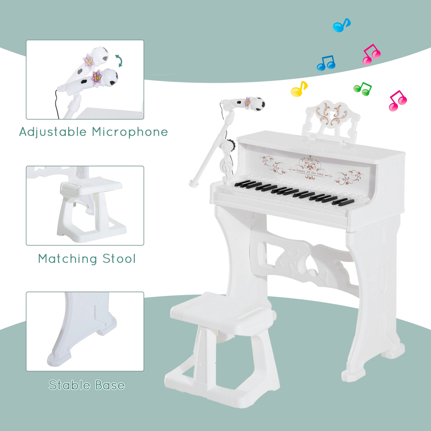 HOMCOM 37-Key Kids Piano Mini Electronic Keyboard with Lights, Stool, Microphone & Music Stand - White MyLibelula