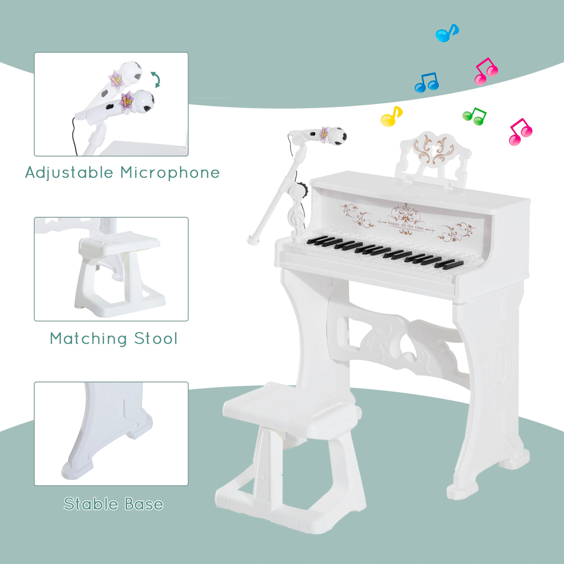 HOMCOM 37-Key Kids Piano Mini Electronic Keyboard with Lights, Stool, Microphone & Music Stand - White MyLibelula