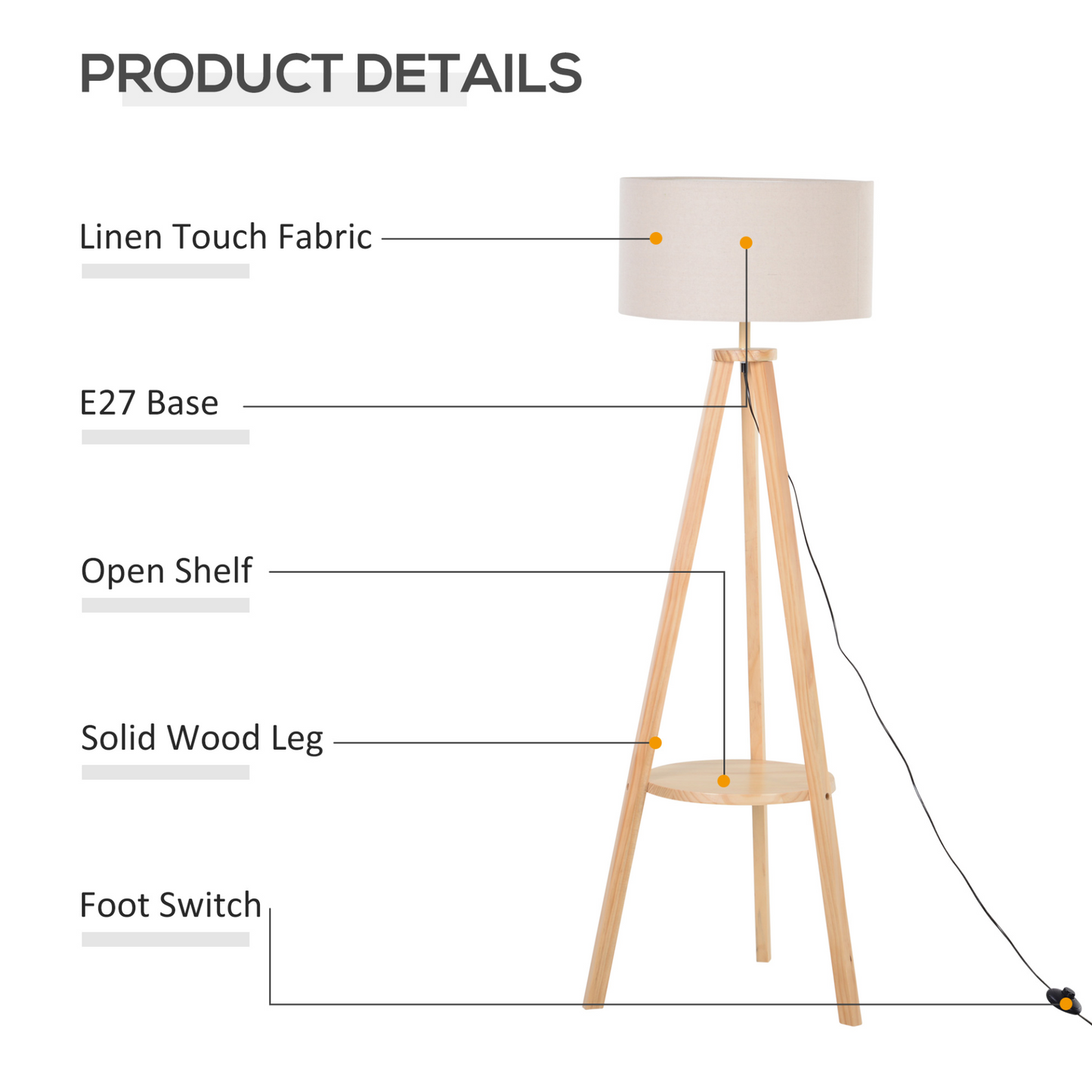 HOMCOM Free Standing Tripod Floor Lamp Bedside Light Reading Light with Storage Shelf Linen Shade for Living Room Bedroom, 154cm, Cream MyLibelula