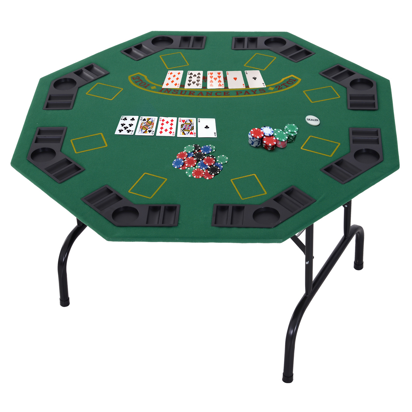 HOMCOM 8 Player Folding Poker Table with Chip Cup Holder, Steel Base & Felt Top - Green Octagon Blackjack Casino MyLibelula