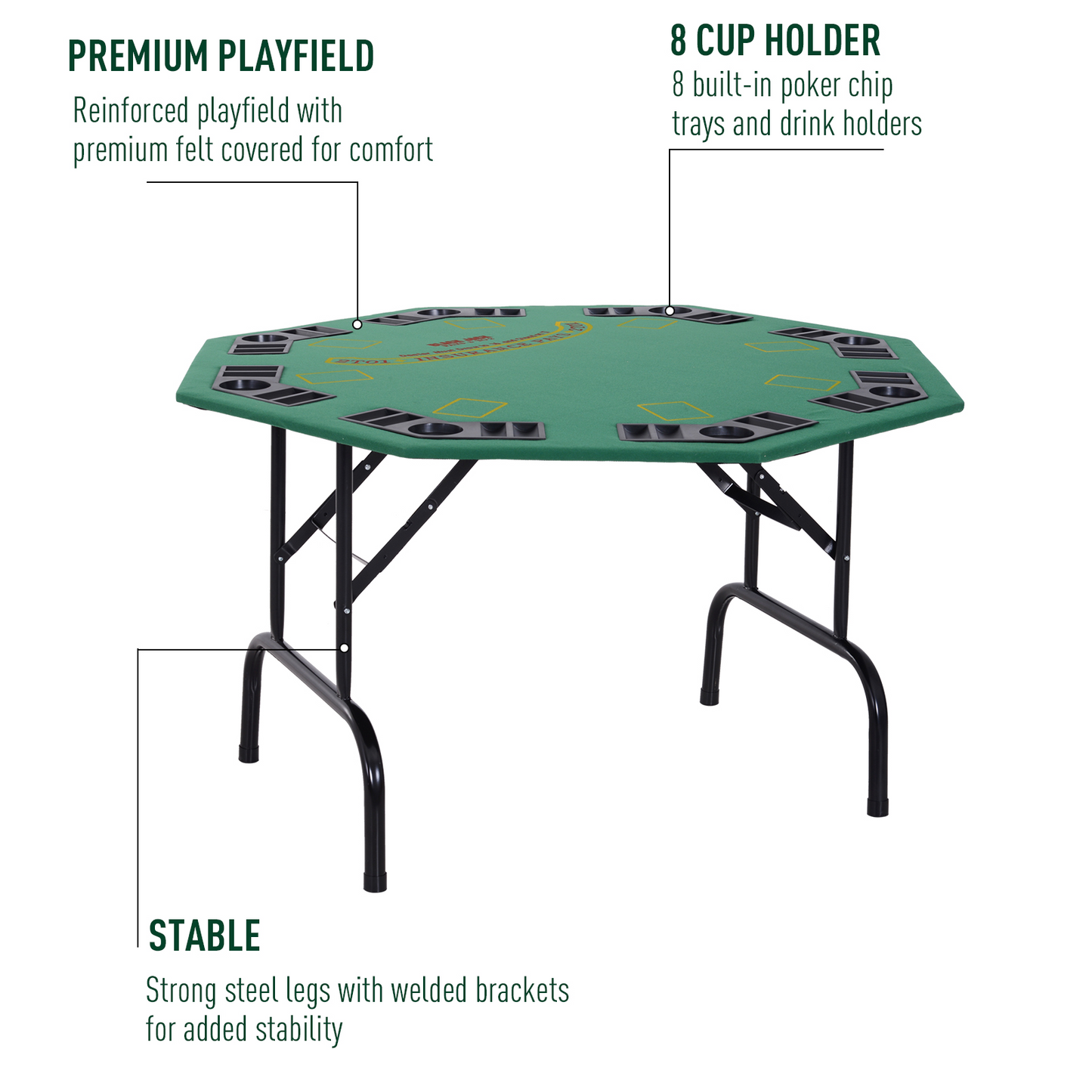 HOMCOM 8 Player Folding Poker Table with Chip Cup Holder, Steel Base & Felt Top - Green Octagon Blackjack Casino MyLibelula