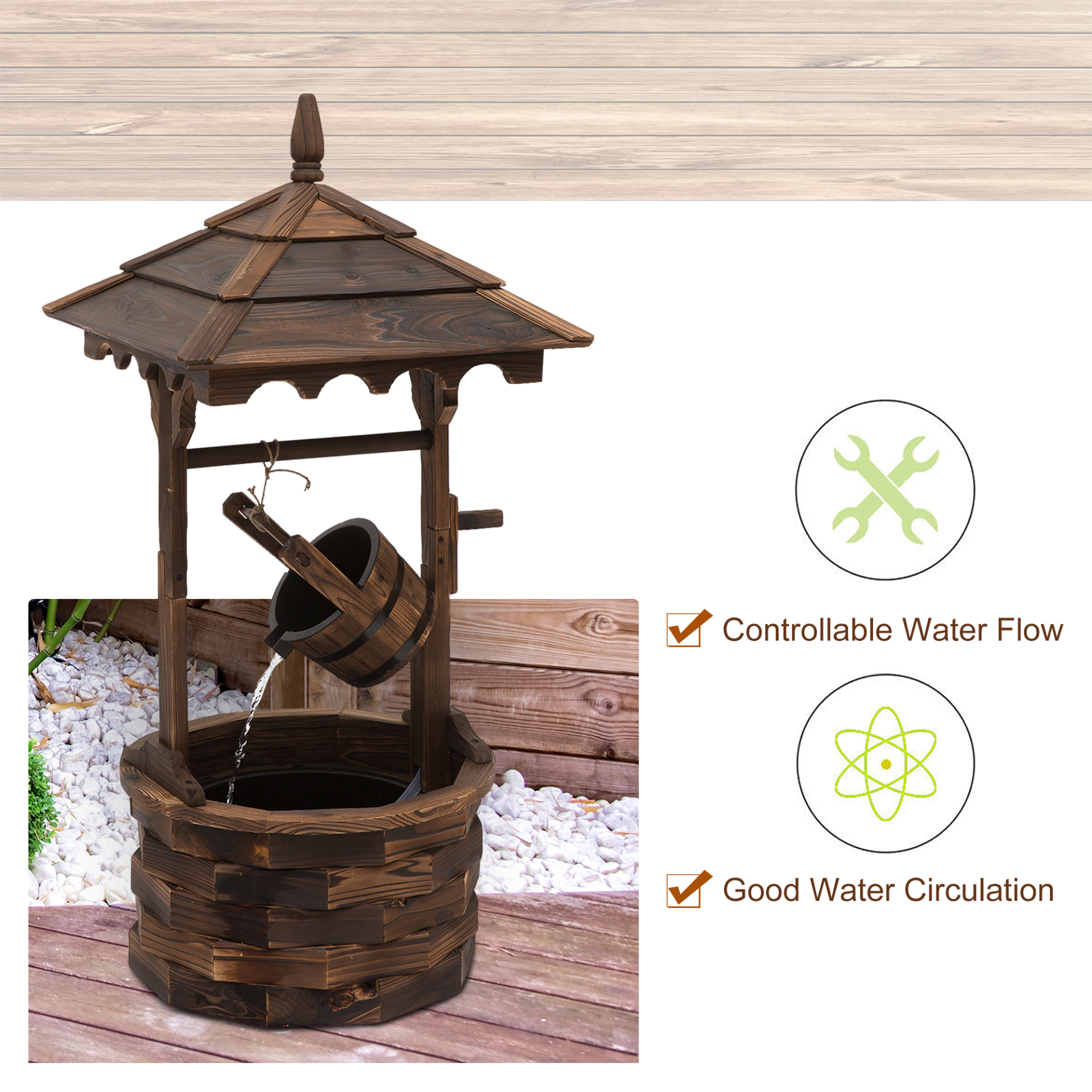 Outsunny Wooden Garden Wishing Well Fountain - Rustic Wood Waterfall with Pump for Outdoor Decor MyLibelula