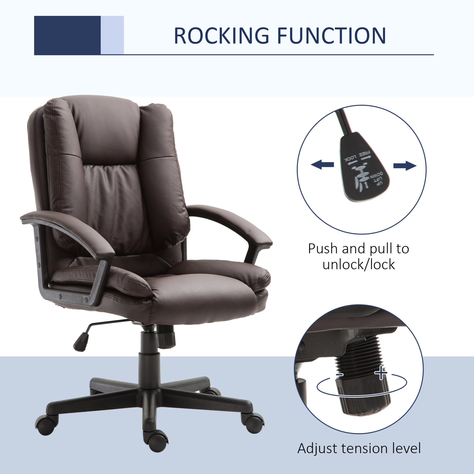 HOMCOM Swivel Executive Office Chair | Mid Back Faux Leather Desk Chair, Ergonomic, Double-Tier Padding, Adjustable Height, 360° Mobility, Brown MyLibelula