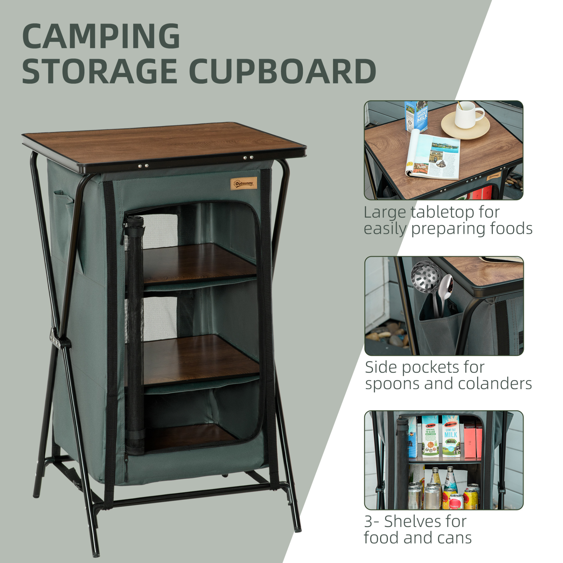 Outsunny Camping Cupboard - Aluminium Foldable Kitchen Station with Storage Shelves & Carrying Bag for BBQ, Party, Picnic & Backyard MyLibelula