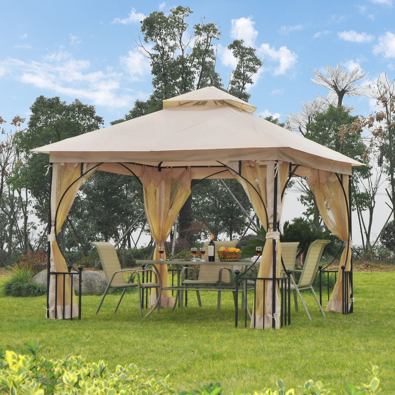 Outsunny 3 x 3 M Garden Gazebo Patio Party Tent Shelter Outdoor Canopy Double Tier Sun Shade Metal Frame Beige MyLibelula