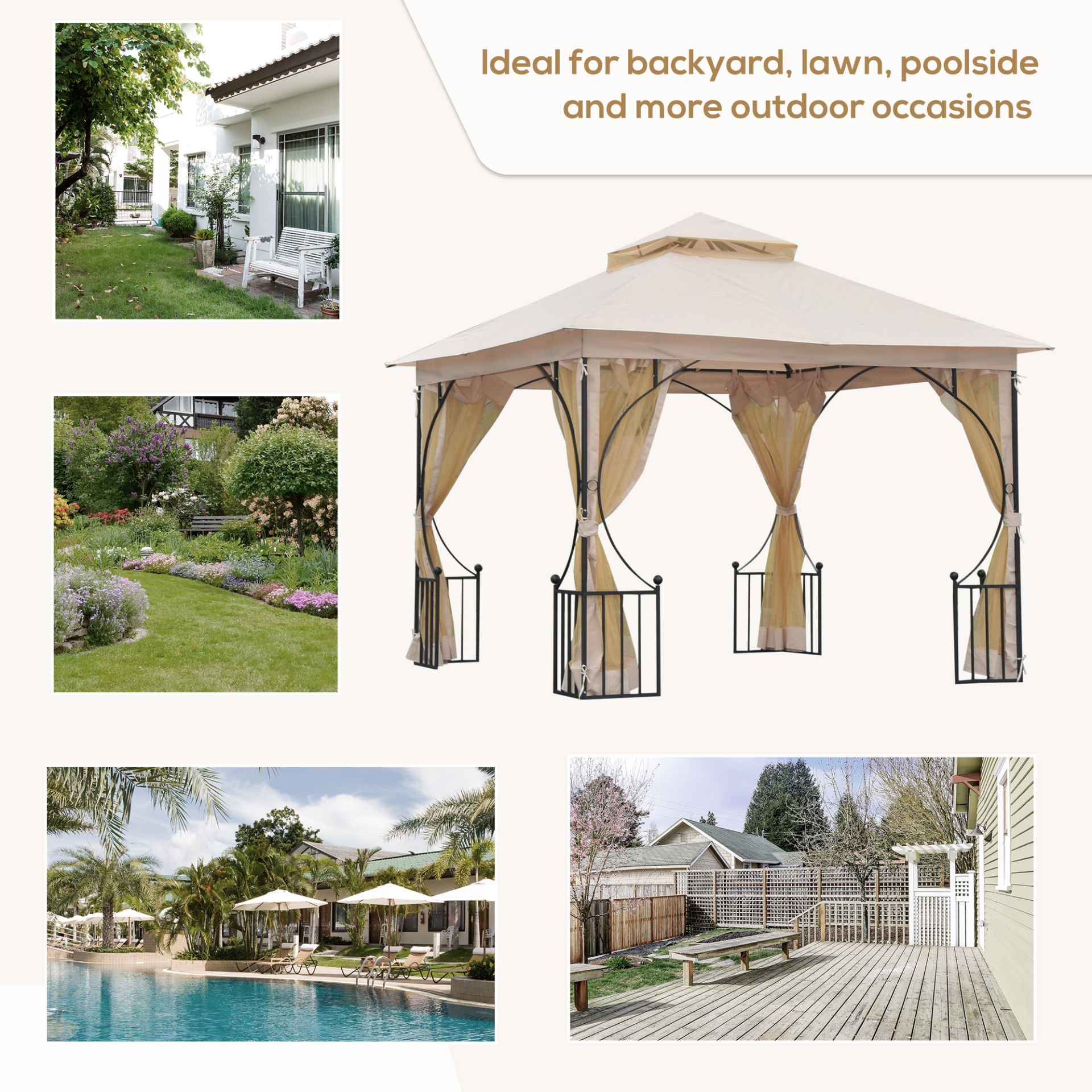 Outsunny 3 x 3 M Garden Gazebo Patio Party Tent Shelter Outdoor Canopy Double Tier Sun Shade Metal Frame Beige MyLibelula