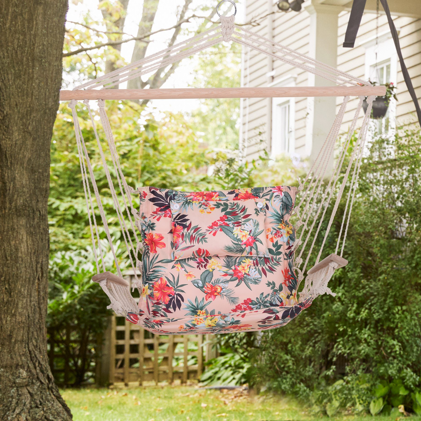 Outsunny Garden Outdoor Hanging Hammock Chair Thick Rope Frame Wooden Arms Safe Wide Seat Garden Outdoor Spot Stylish Multicoloured floral MyLibelula