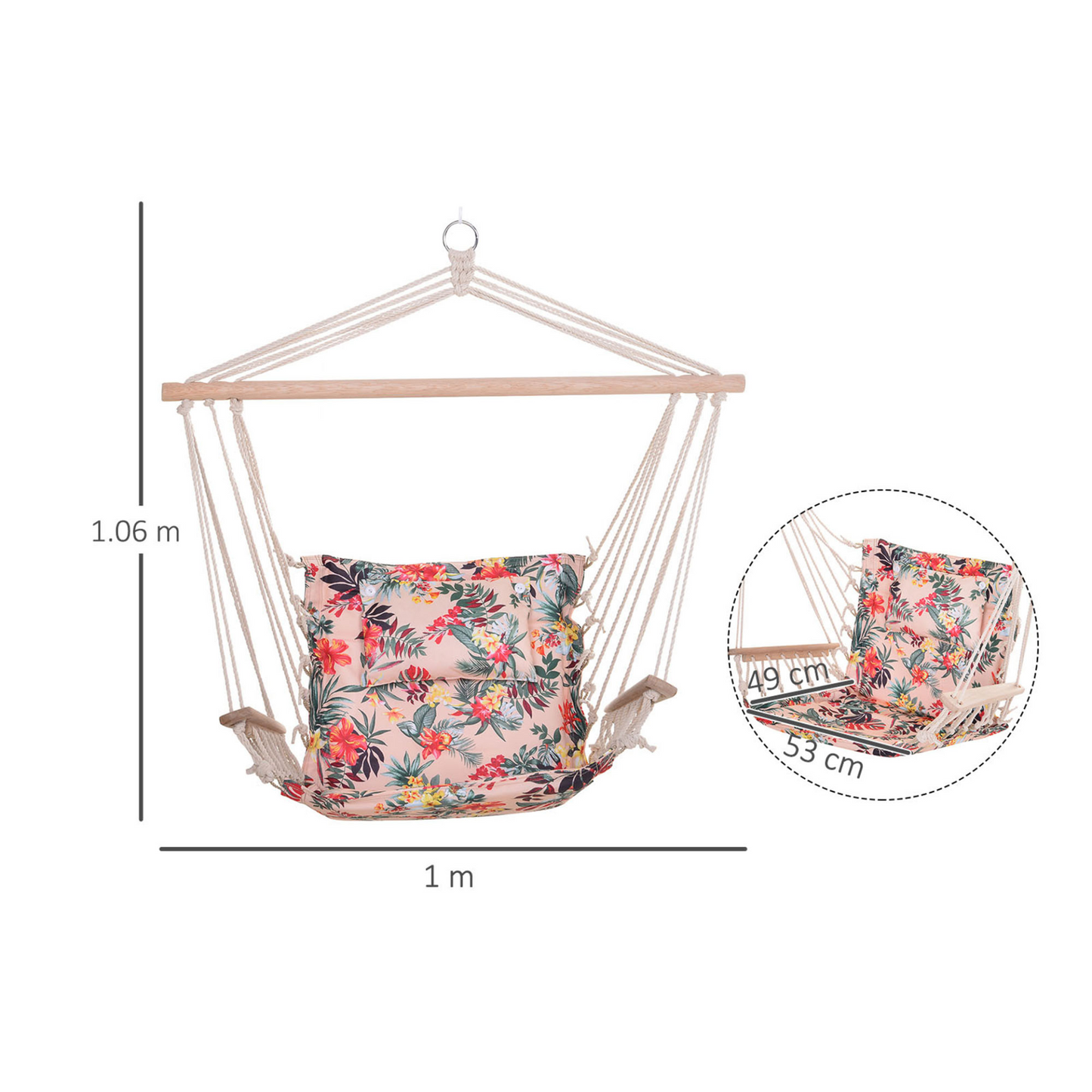 Outsunny Garden Outdoor Hanging Hammock Chair Thick Rope Frame Wooden Arms Safe Wide Seat Garden Outdoor Spot Stylish Multicoloured floral MyLibelula