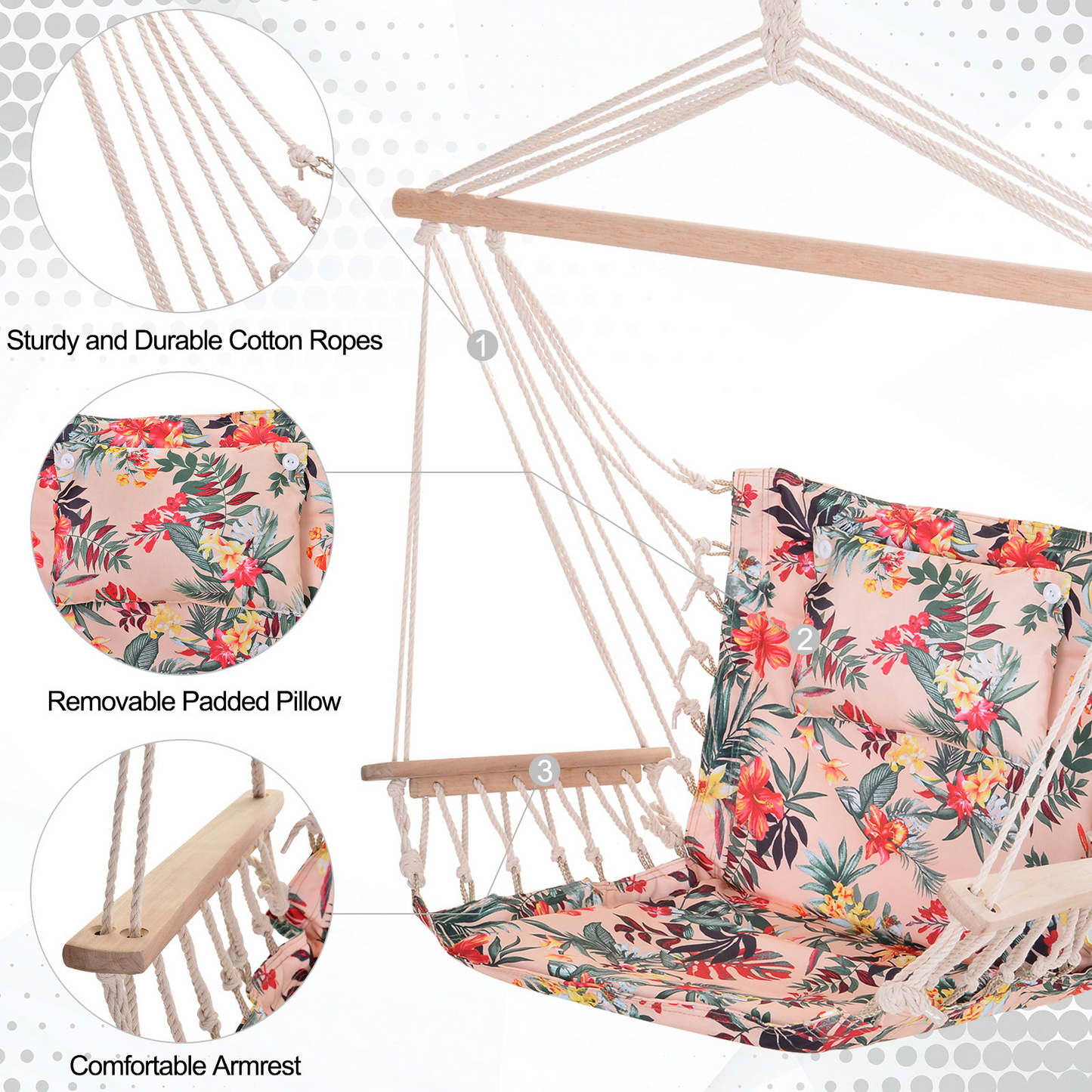 Outsunny Garden Outdoor Hanging Hammock Chair Thick Rope Frame Wooden Arms Safe Wide Seat Garden Outdoor Spot Stylish Multicoloured floral MyLibelula