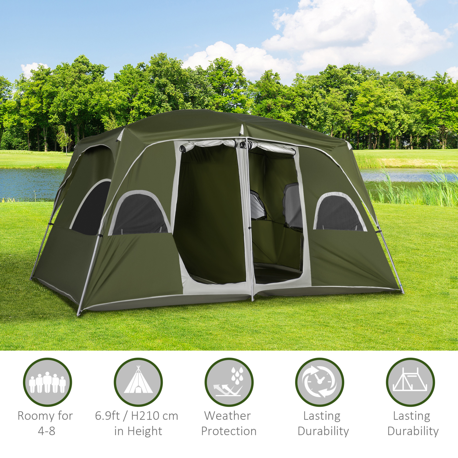 Outsunny Family Camping Tent, 4-8 Person, 2 Room with Mesh Windows, Lightweight and Easy Setup, Green MyLibelula