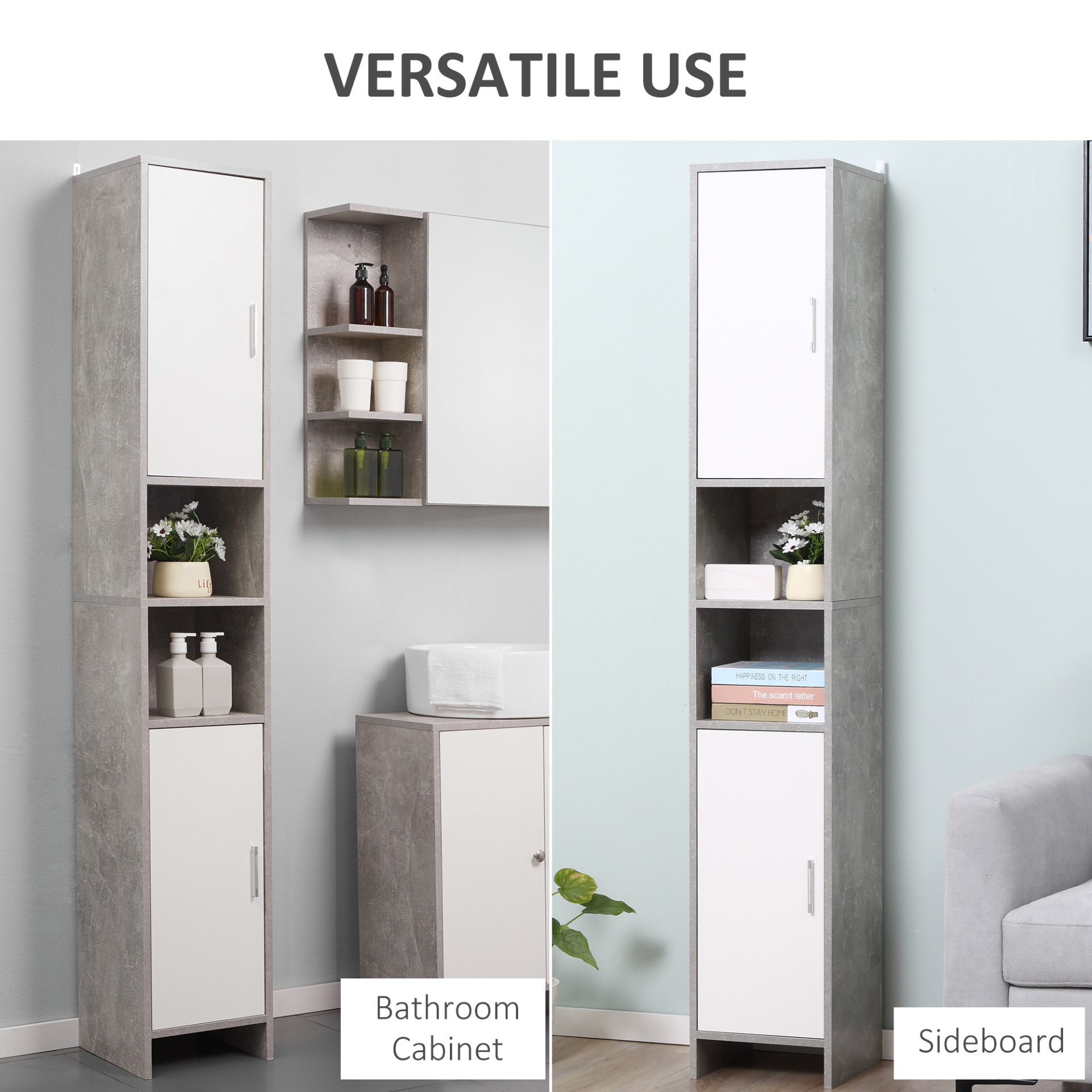 kleankin Tall Bathroom Storage Cabinet, Free-standing with 2 Cupboards & Adjustable Shelves, Slim Organizer, Grey MyLibelula