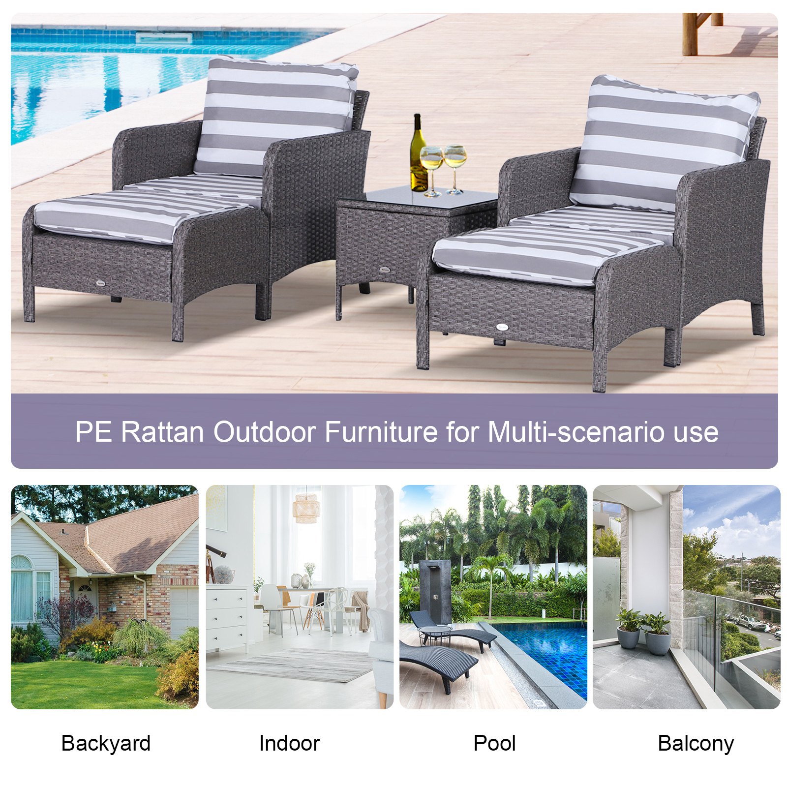 Outsunny 5 Pcs PE Rattan Garden Furniture Set - 2 Armchairs, 2 Stools & Glass Top Table - Dark Grey MyLibelula