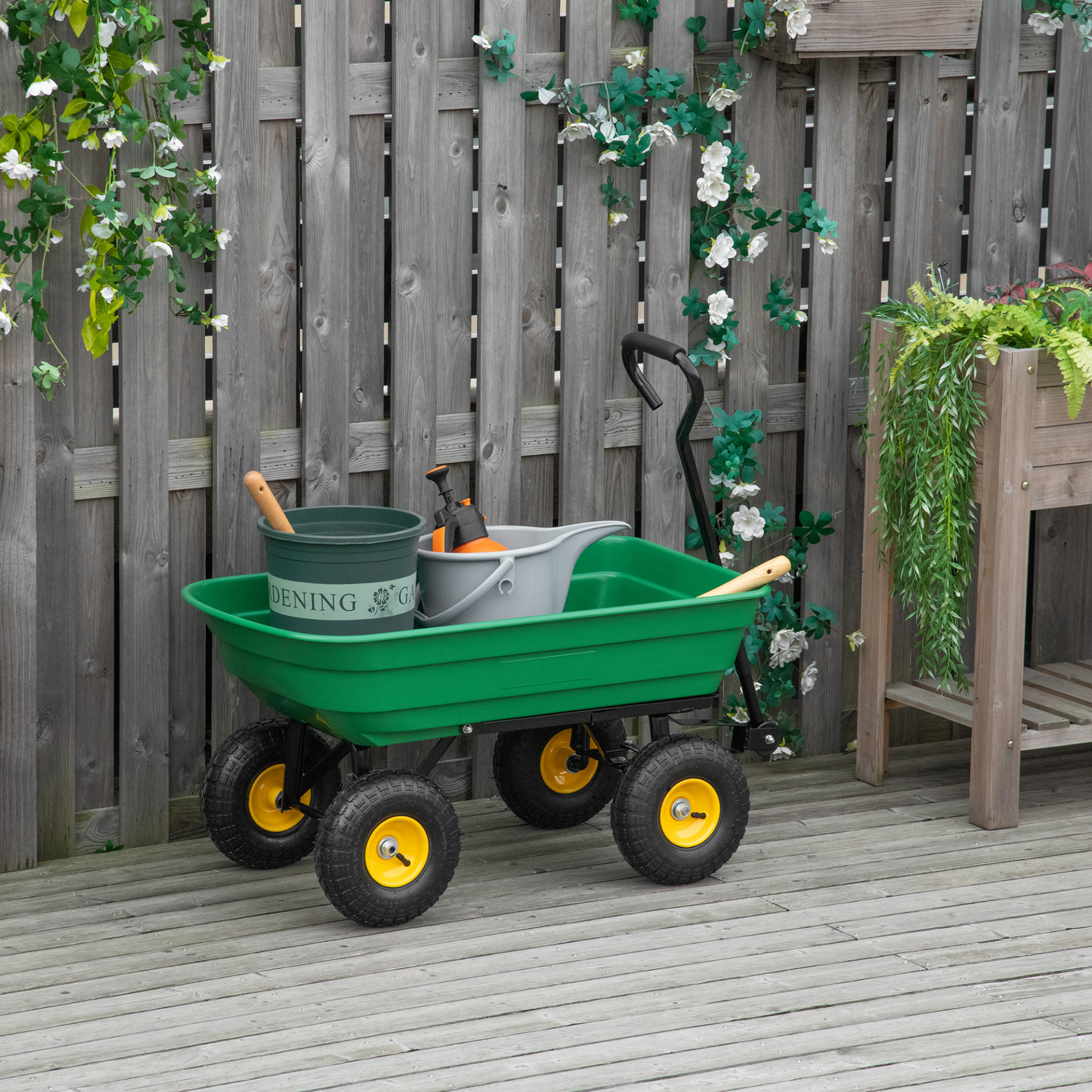 Outsunny 75 Litre Large Garden Cart Heavy Duty 4 Wheel Trolley Dump Wheelbarrow Tipping Truck Trailer - Green MyLibelula