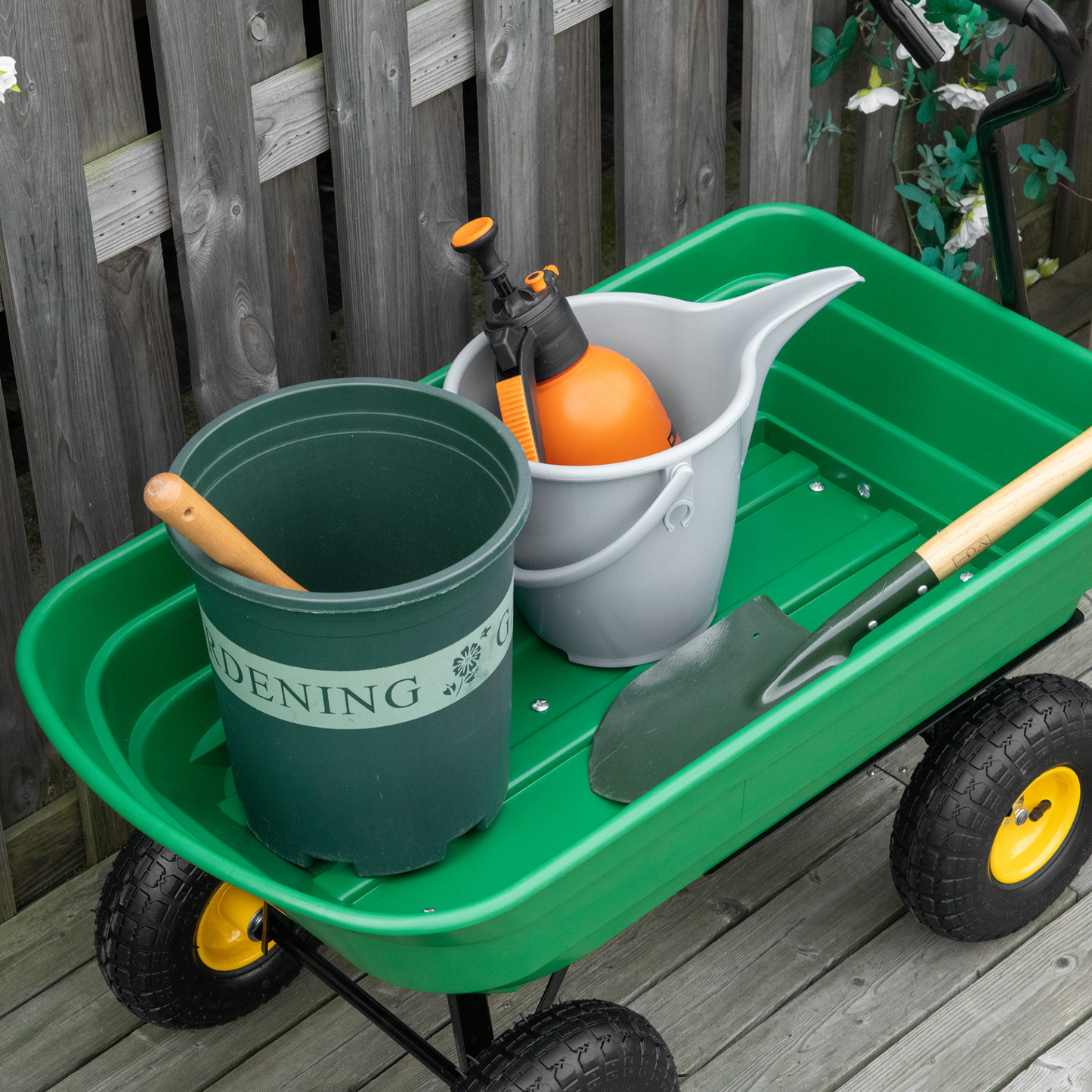 Outsunny 75 Litre Large Garden Cart Heavy Duty 4 Wheel Trolley Dump Wheelbarrow Tipping Truck Trailer - Green MyLibelula