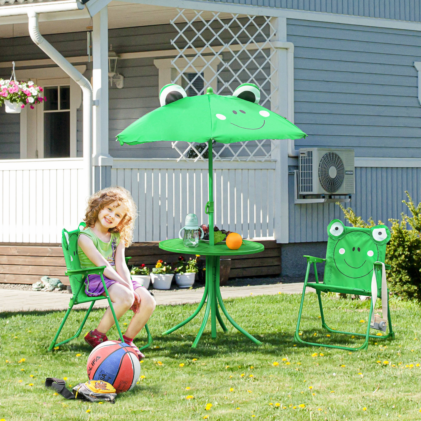 Outsunny Kids Folding Picnic Table and Chair Set with Frog Pattern & Sun Umbrella, Green MyLibelula