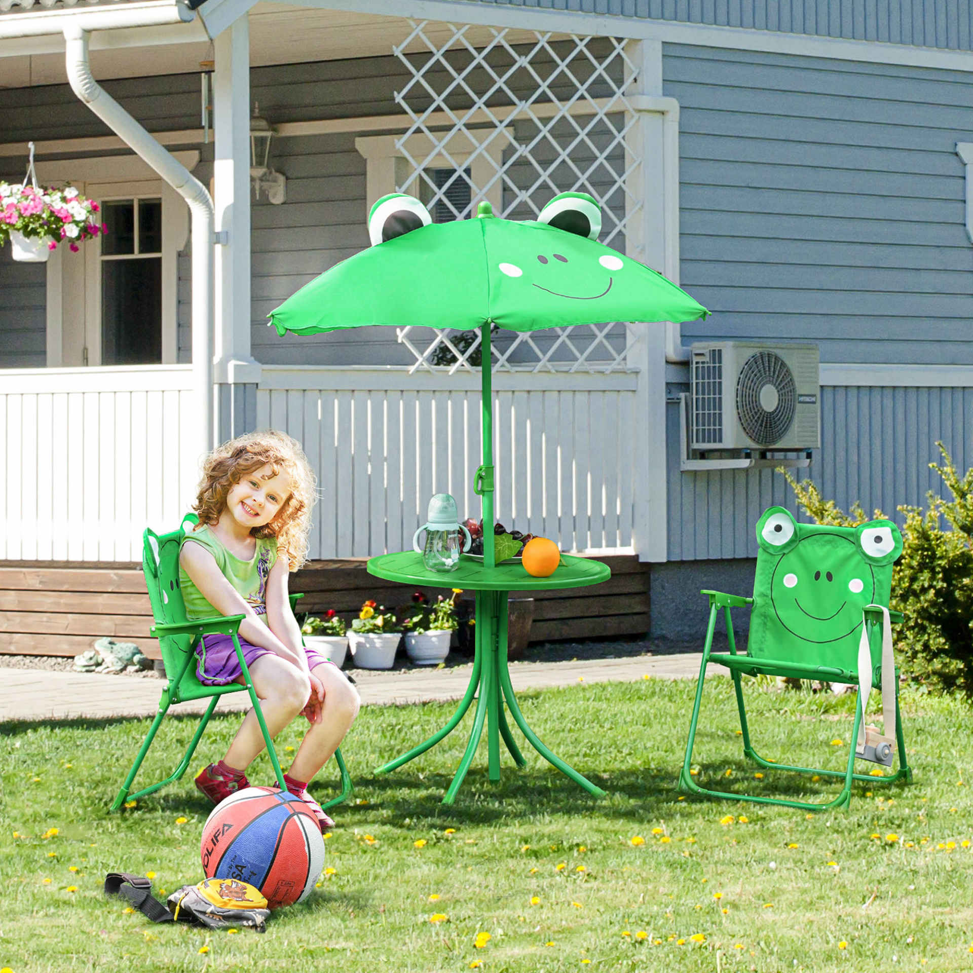 Outsunny Kids Folding Picnic Table and Chair Set with Frog Pattern & Sun Umbrella, Green MyLibelula