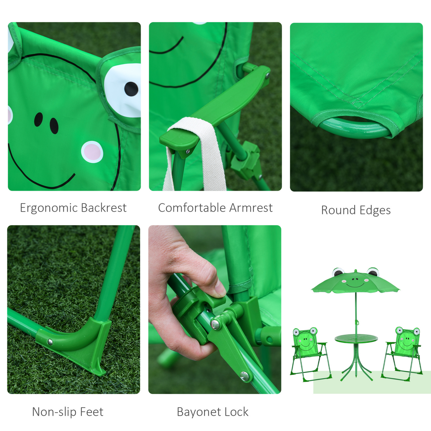 Outsunny Kids Folding Picnic Table and Chair Set with Frog Pattern & Sun Umbrella, Green MyLibelula