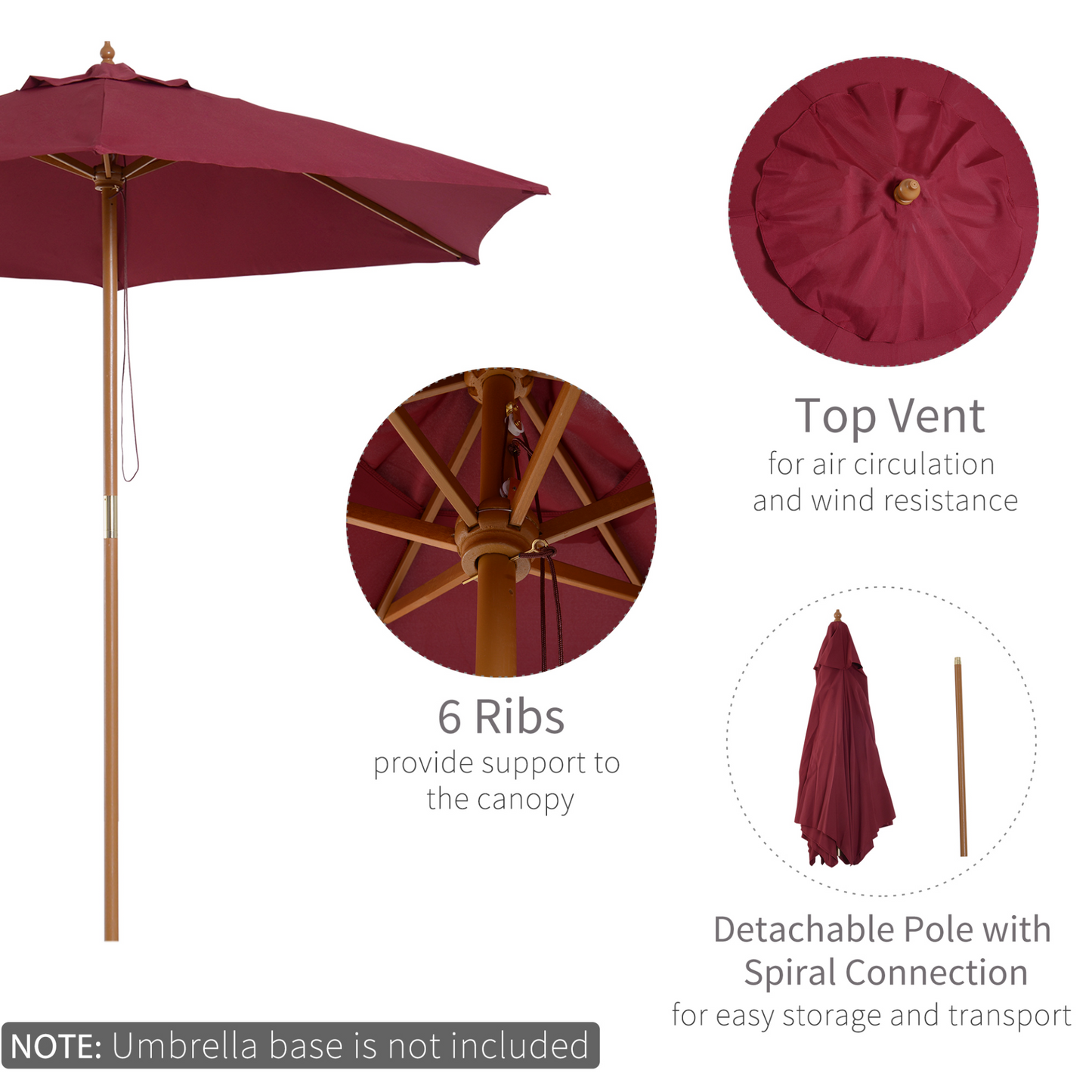 Outsunny 2.5m Wood Garden Parasol - Wine Red Sun Shade Patio Umbrella MyLibelula