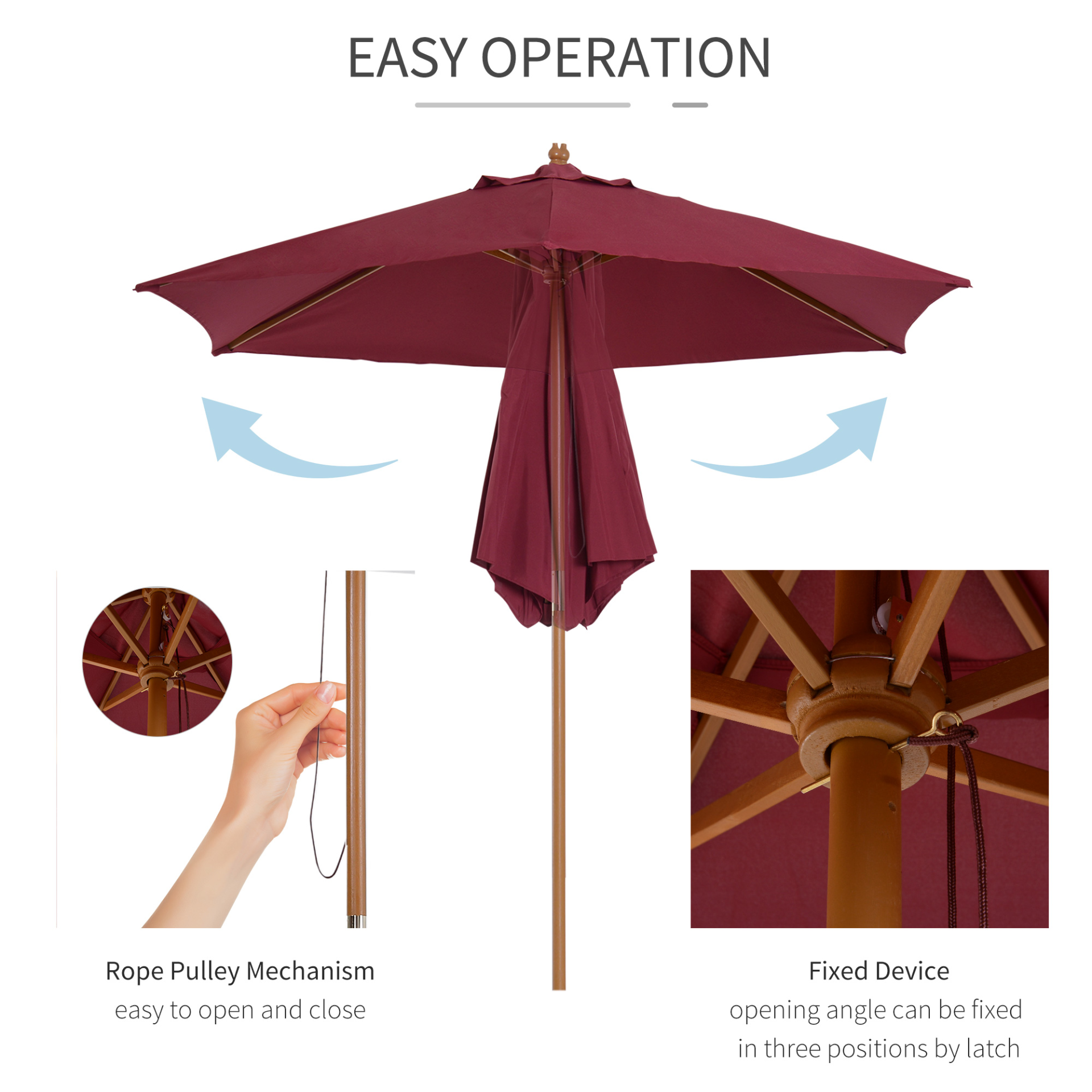 Outsunny 2.5m Wood Garden Parasol - Wine Red Sun Shade Patio Umbrella MyLibelula