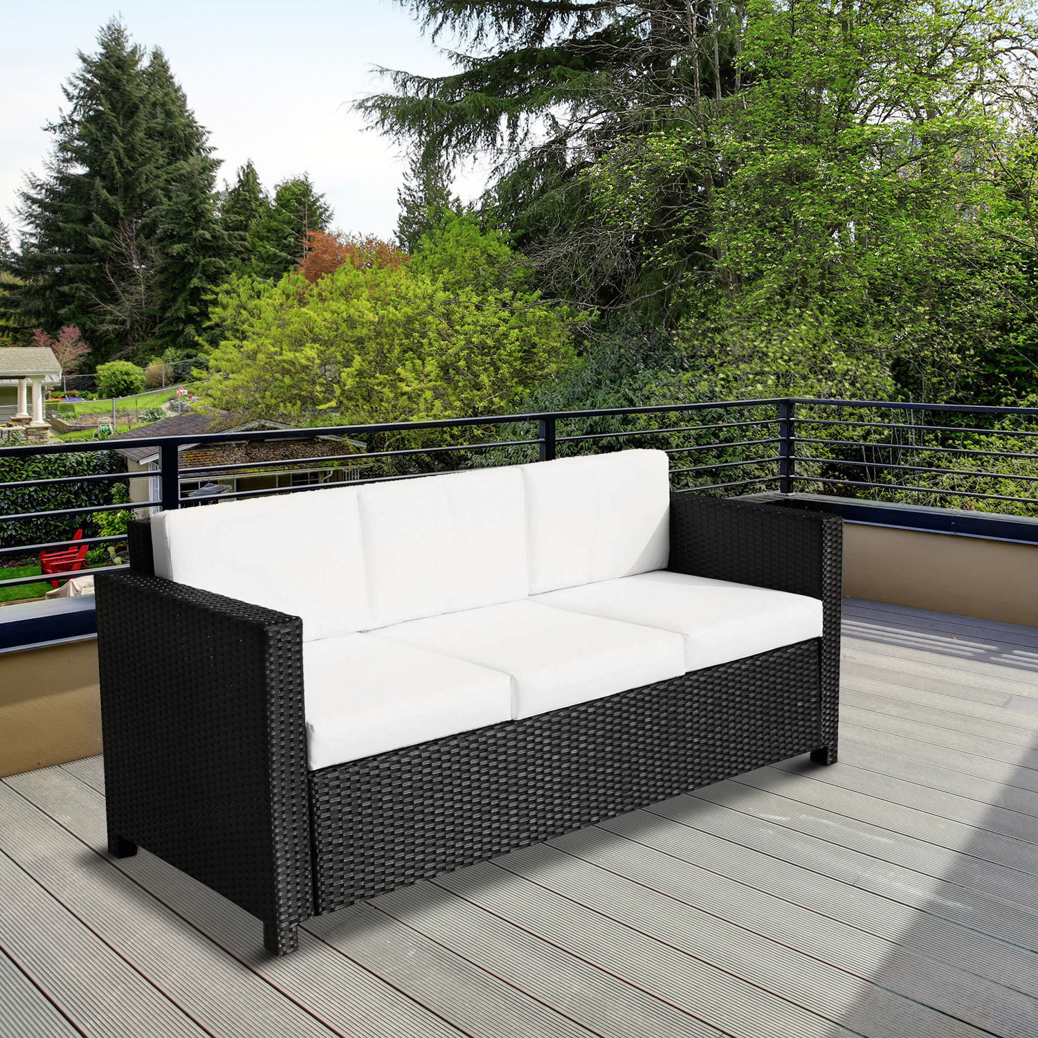 Outsunny 3 Seater Rattan Sofa - All-Weather Wicker, Fire-Resistant Cushion - Black MyLibelula