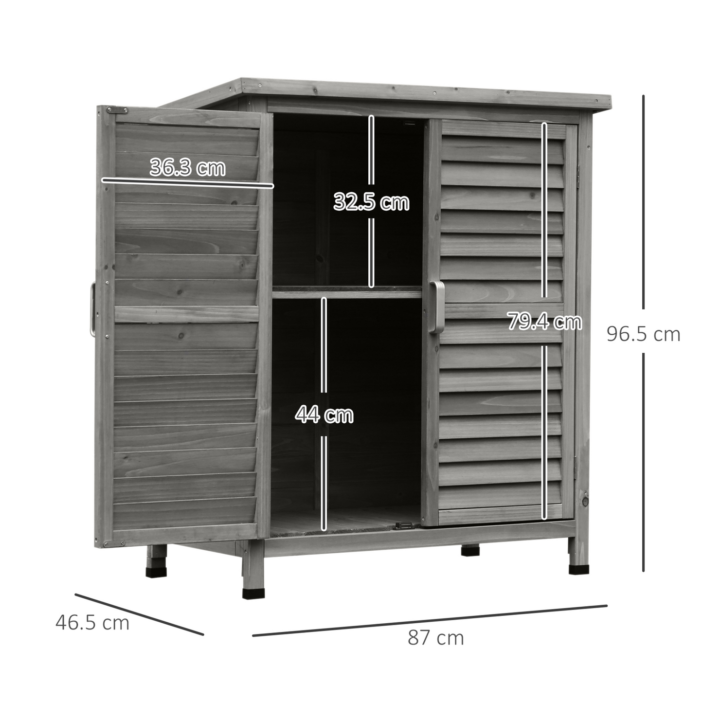 Outsunny Garden Shed Wooden Garden Storage Shed 2 Door Unit Solid Fir Wood Garage Tool Organisation Cabinet, 87L x 46.5W x 96.5Hcm, Grey MyLibelula