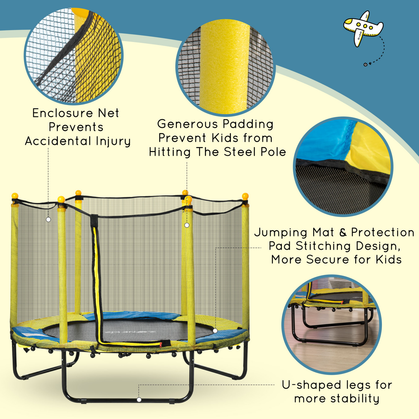 HOMCOM 4.6FT Kids Indoor Trampoline with Enclosure, Safety Net & Pads - Yellow, Ages 1-10 MyLibelula