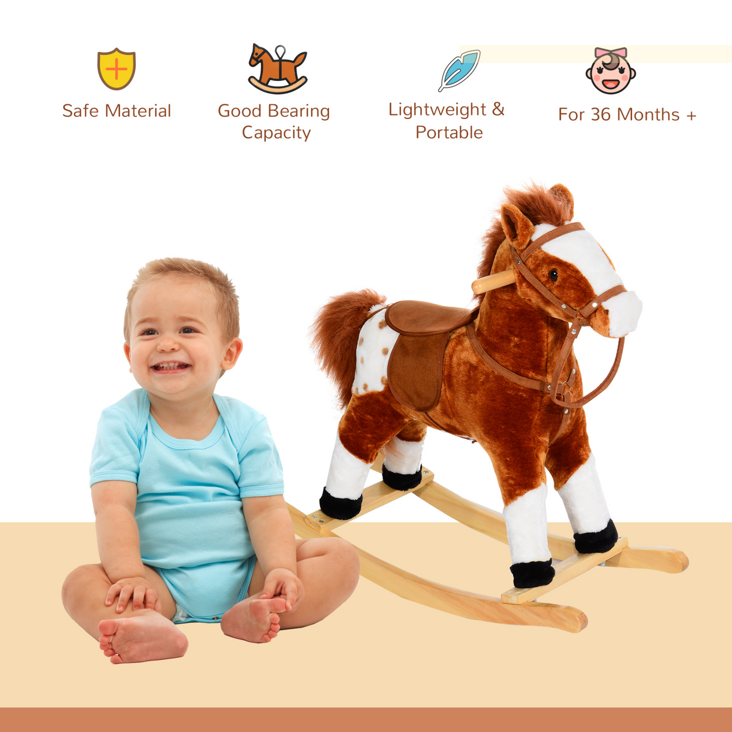 HOMCOM Children's Plush Rocking Horse with Handle Grip and Sound - Traditional Toy in Brown MyLibelula